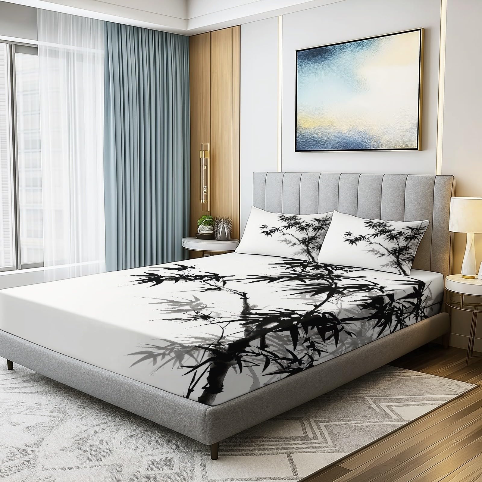 sábana Ajustable Bambú de Tinta, Estilo Tradicional Chino Juego de Sabanas Estampadas 3 Piezas 180 x 200 cm Algodón Poliéster, Bajera, Funda de Almohada 100% Microfibra Negro
