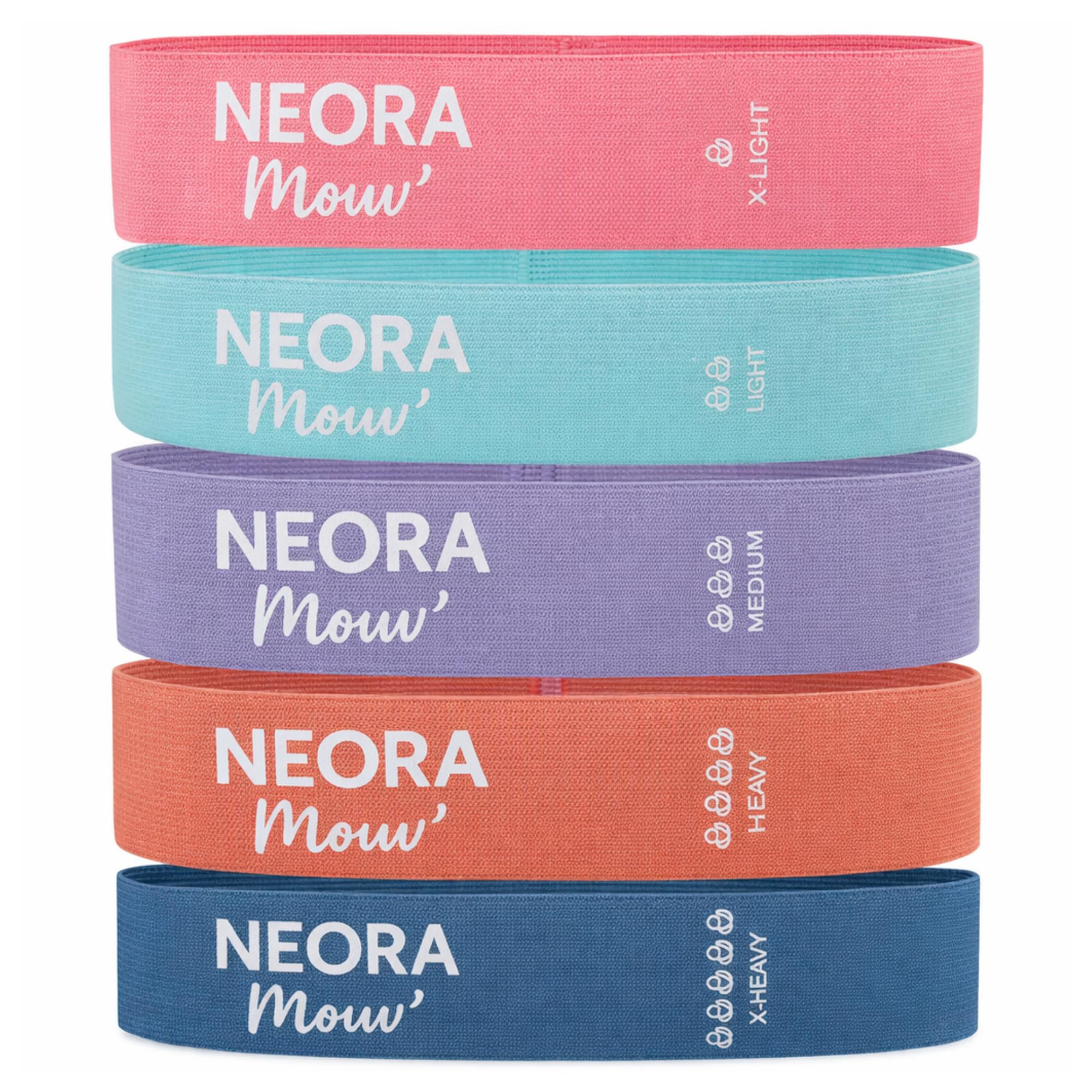 Neora Mouv’ Set de 5 Bandes de Résistance en Tissu – Mini Loop Fitness & Pilates – 5 Niveaux de Résistance – Bandes Élastiques pour Jambes, Fessiers et Corps Complet – Filet et Guide Inclus