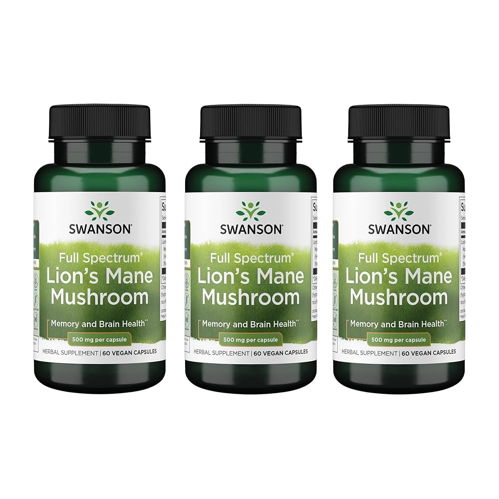 Swanson Lion\'s Mane Mushroom - Traditional Brain Booster Supplement Made from Hericium Erinaceus (60 Capsules, 500mg Each) 3 Pack