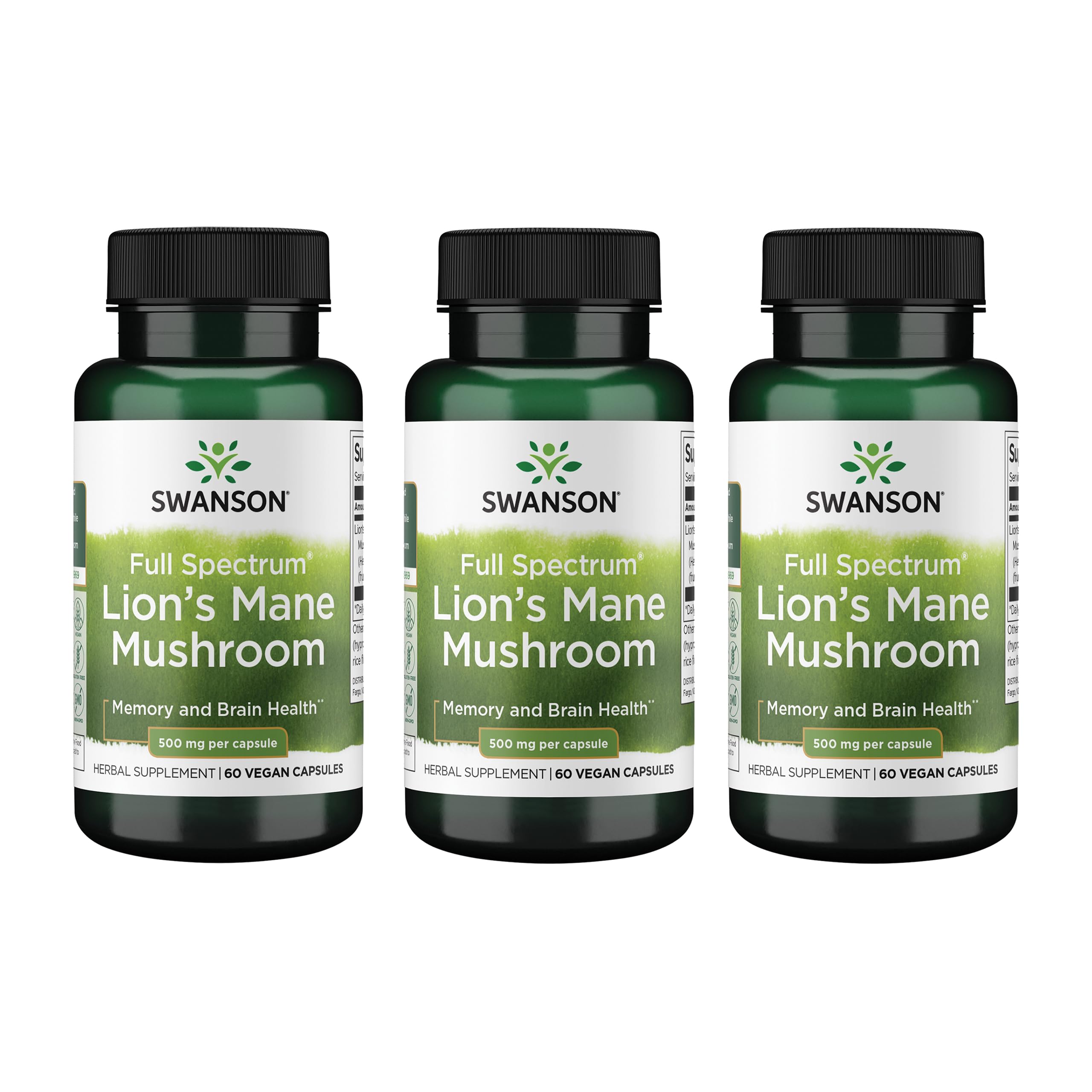 Swanson Lion's Mane Mushroom, 500 mg, 60 Vegan Capsules, 3 Pack 60 Count (Pack of 3)