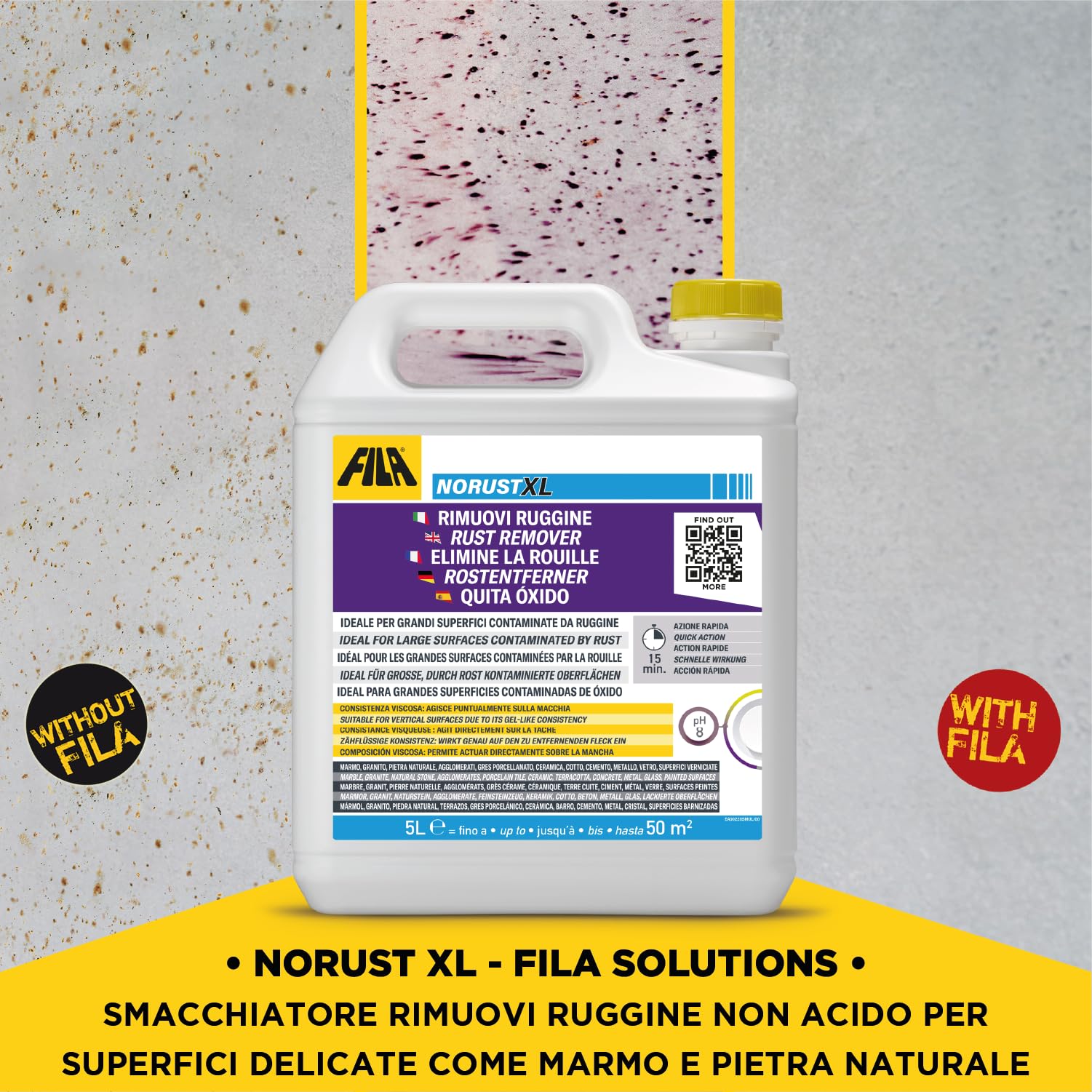FILA Solutions NORUST XL Smacchiatore Ruggine Marmo Gres Cotto - 5L | Soluzione concentrata per rimuovere macchie di ossidazione estese da pavimentazioni e pietre naturali