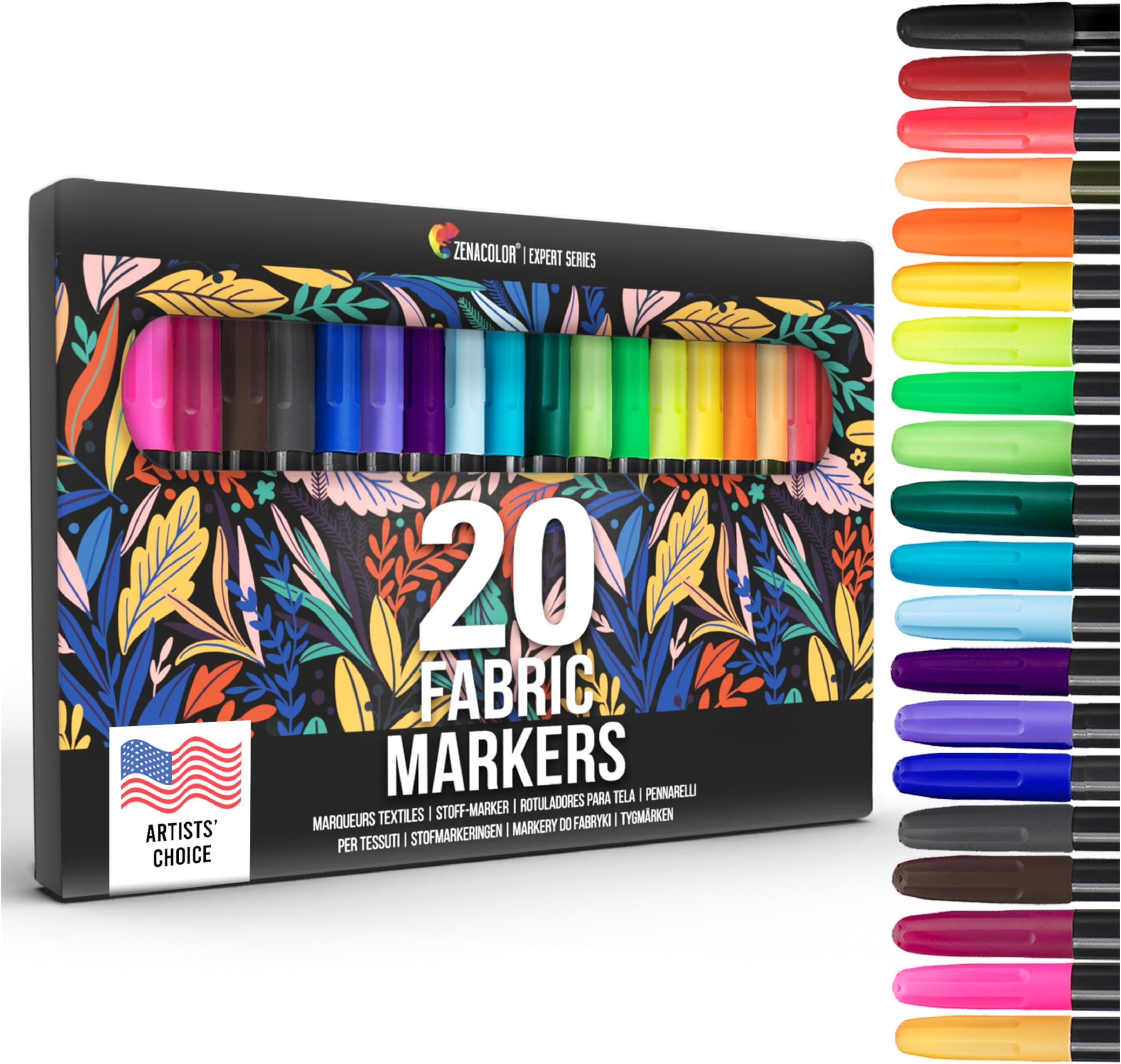 Zenacolor 20 Textile and Cloth Markers - Non-Toxic, Indelible and Permanent Fine Point Markers - Ideal for T-shirts, Baby Clothes, Shoes, Bags, Tote Bags, and Other Types of Fabric