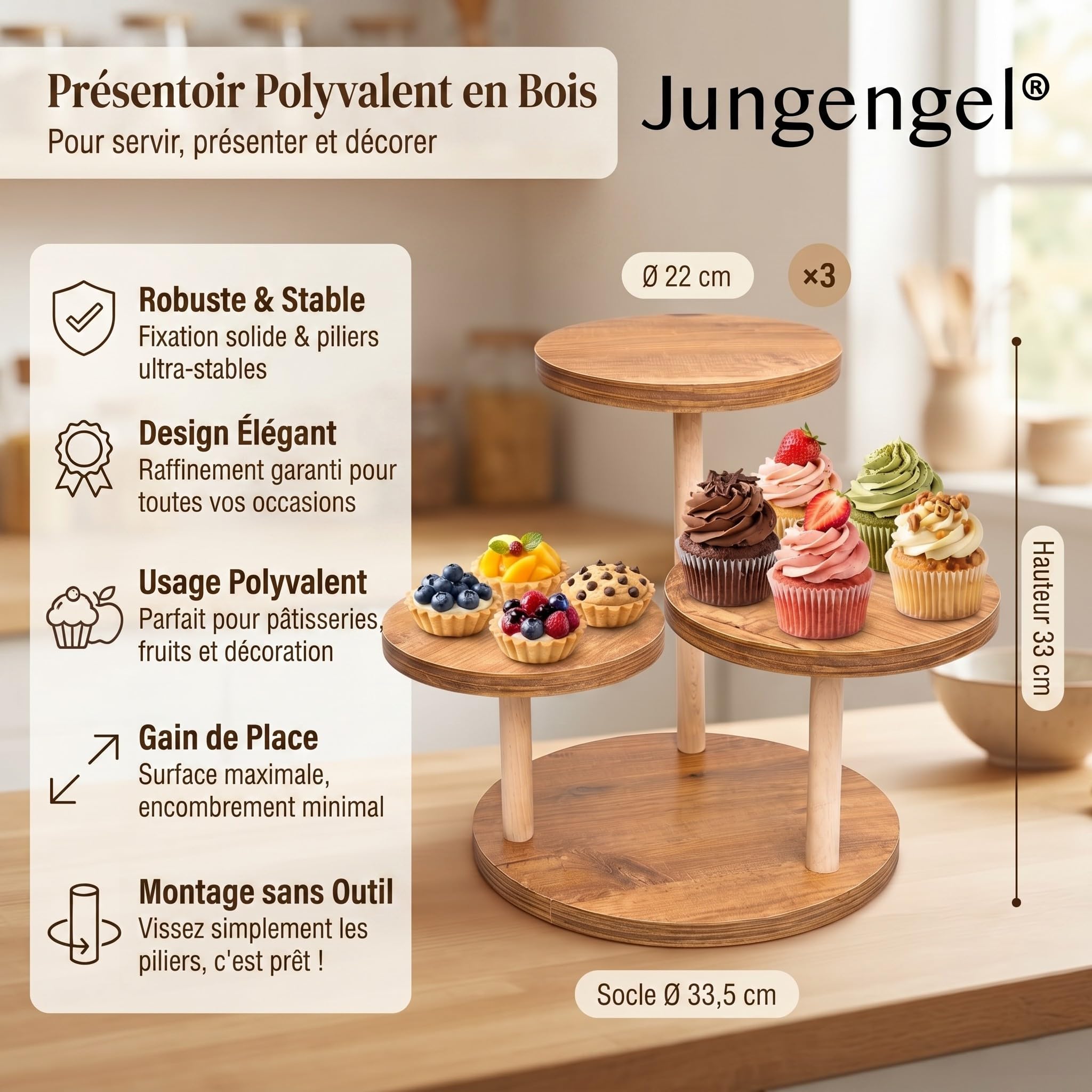Présentoir à Gâteau 3 Niveaux en Bois Ø 22 cm stable | Support cupcakes, fruits & buffet apéritif. Montage sans outils, 3 niveaux décalés - idéal aussi en cadeau.