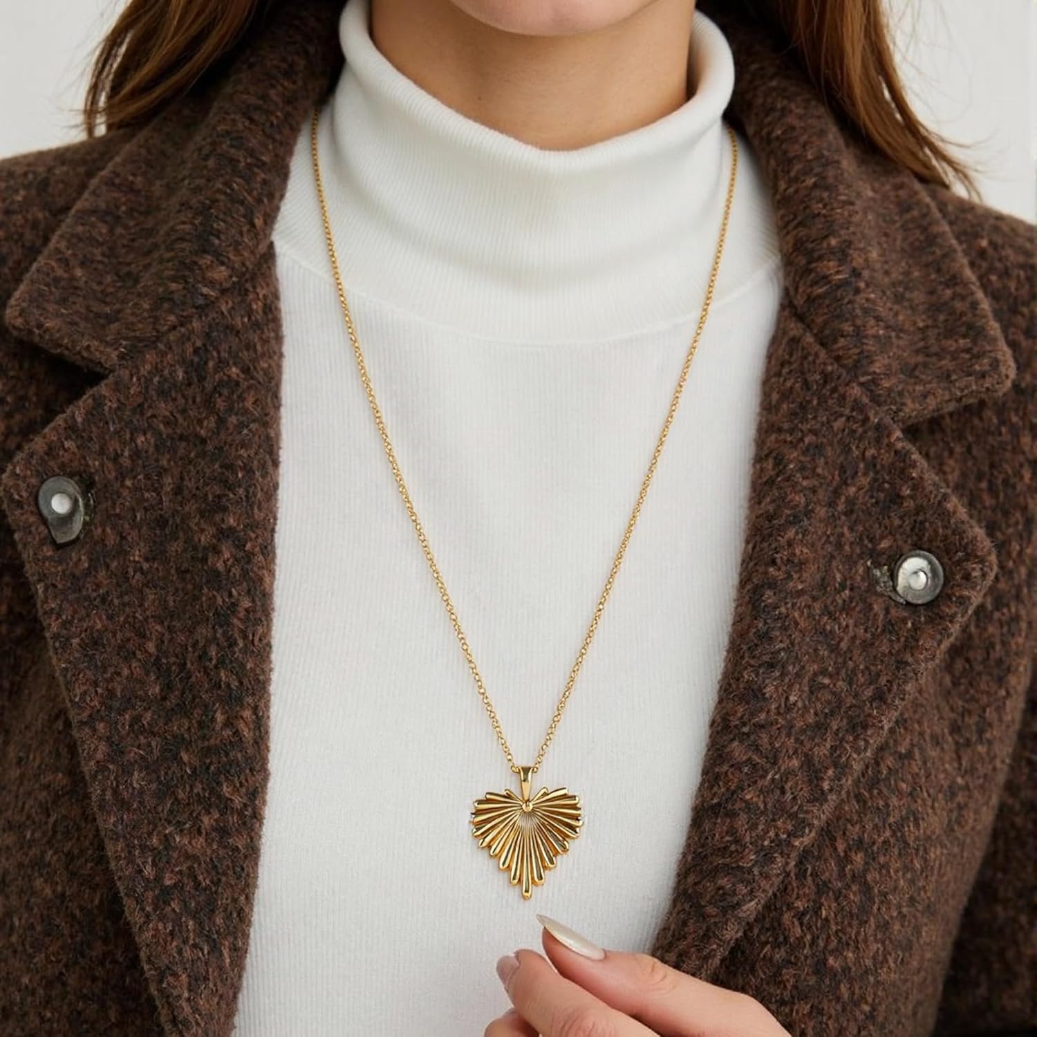 Palm Leaf & Full-Heart Pendant Necklace for Women 18K Gold Plated 5A+ CZ 28.5 Inch Adjustable Statement Jewelry Gift - Image 4