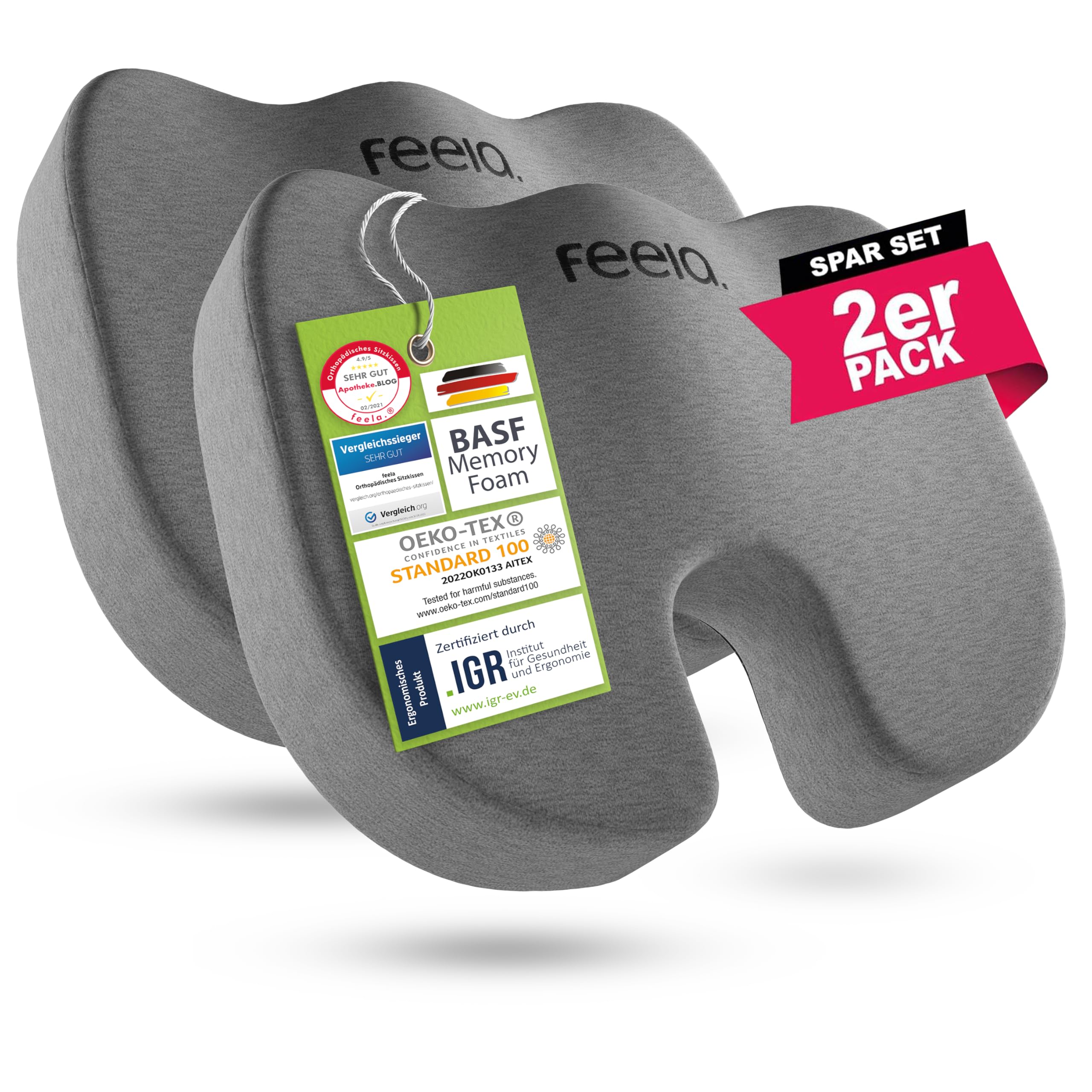 feela.® Orthopädisches Sitzkissen [3 Härtegrade] TESTSIEGER – Ergonomische Sitzkissen für Bürostuhl & Auto – Schmerzlindernd, Steißbein entlastend, Sitzkomfort erhöhend (2er Set, Hart)