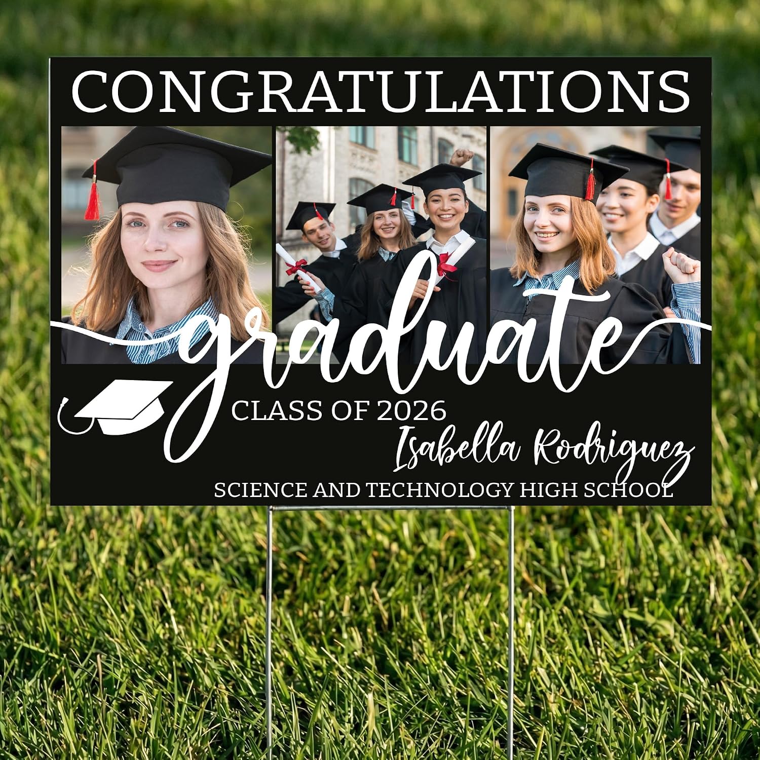 Custom 3-Photo Collage Graduation Yard Sign Class of 2026 - Personalized Picture Upload with Name & School - Dark Green Multi-Image Design - Weatherproof Outdoor Lawn Decor