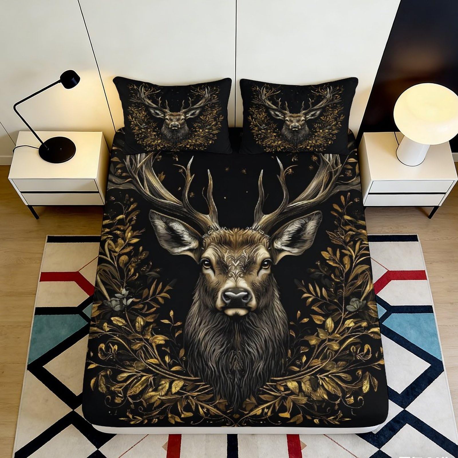 3D Printed Deer Pattern Fitted Sheet Microfiber Soft Breathable Golden Leaves Bed Cover for Bedroom Dormitory Guest Room Mattress Protection 200x200x25cm