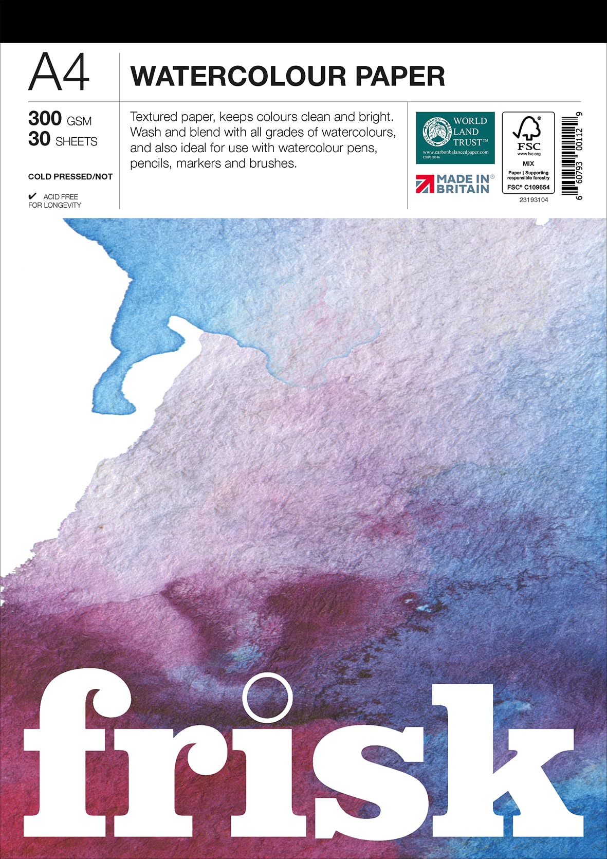 Frisk White Watercolour Paper Pad 300Gsm Cold Pressed/Not 30Sheets A4