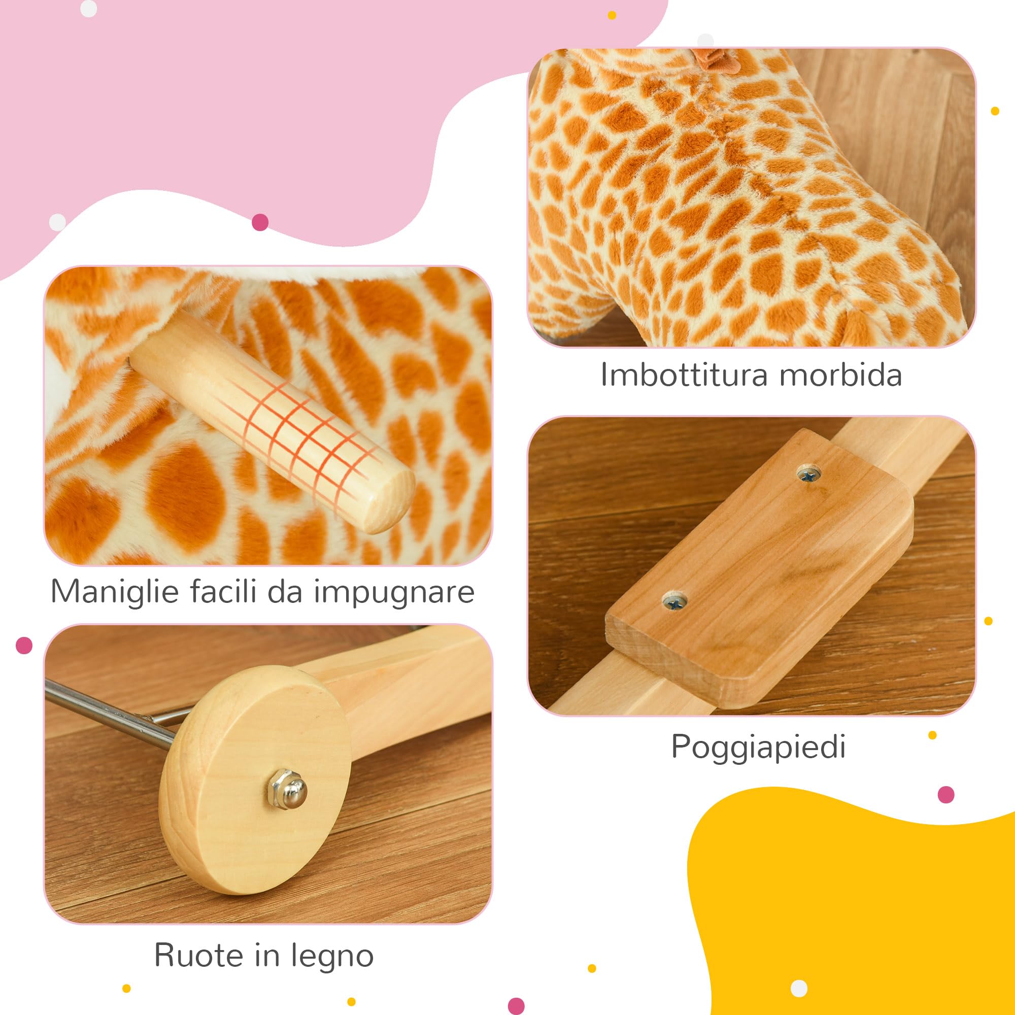 HOMCOM Cavallo a Dondolo per Bambini a Giraffa con Ruote e Suoni, Gioco Cavalcabile per Bambini 3-6 Anni in Peluche e Legno, 63x38x63cm, Giallo