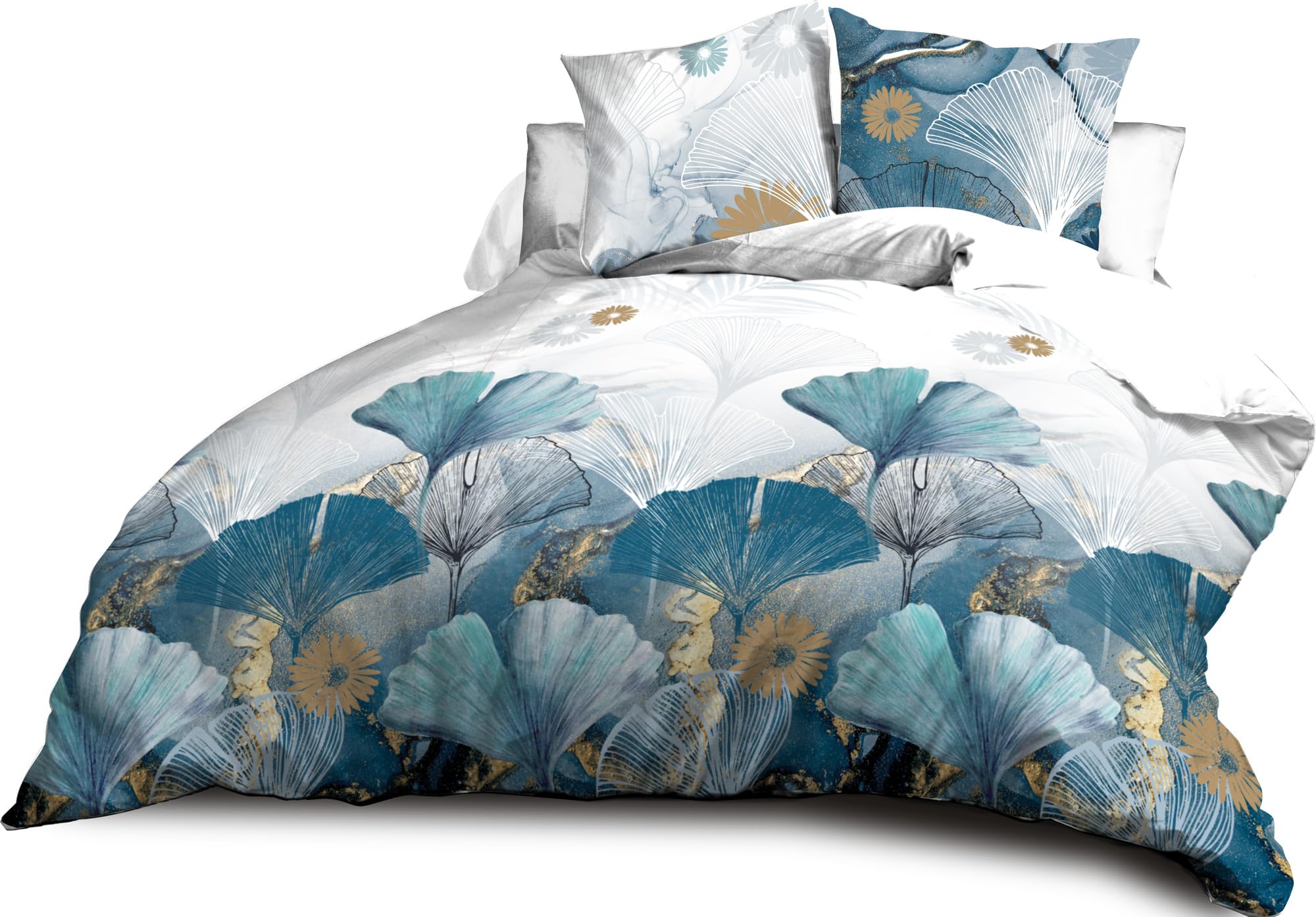 Le Linge de Jules Parure Drap Plat + Drap-Housse 140x190 + 2 Taies - Microfibre Douce et résistante - Entretien Facile - Ginko, Bleu