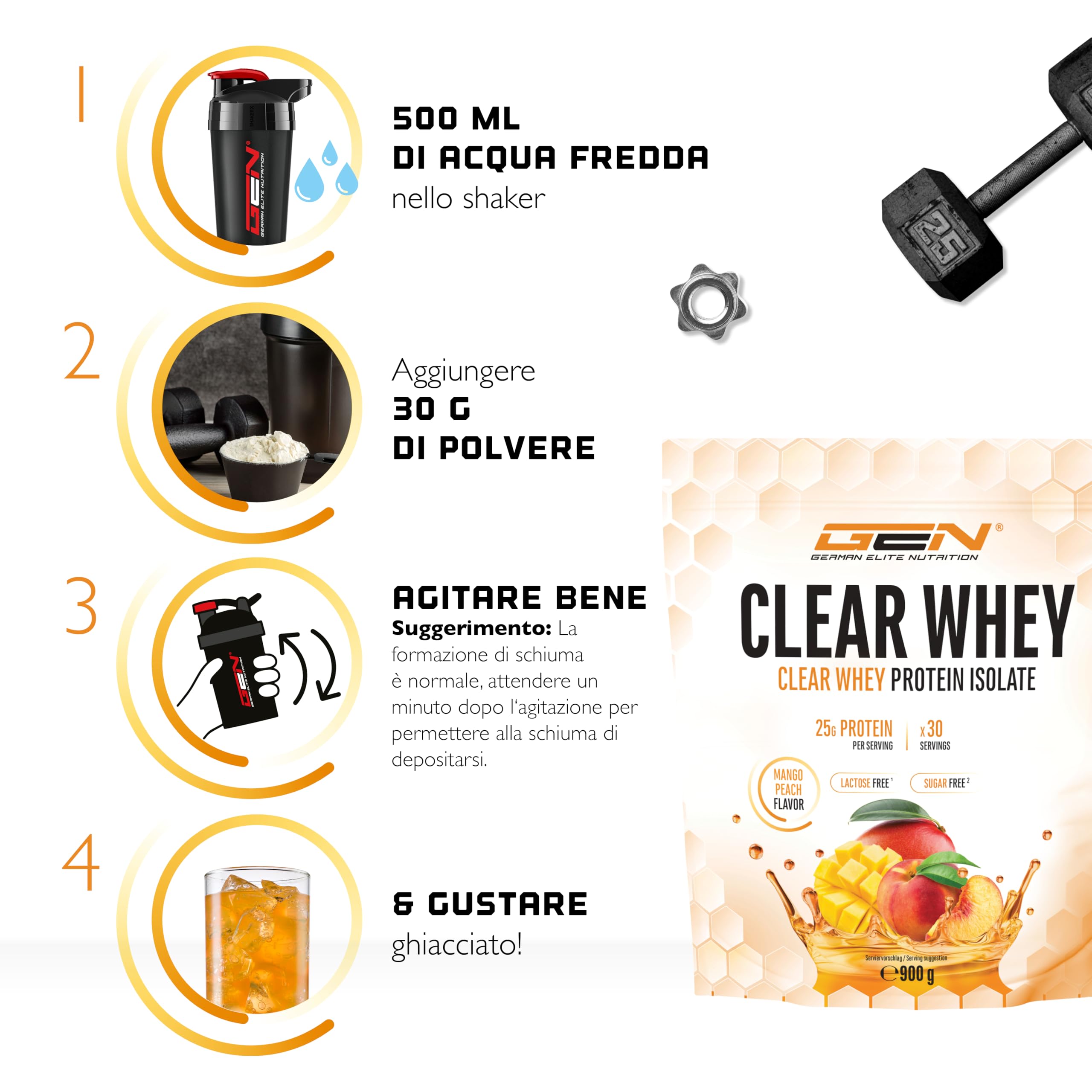 Clear Whey Isolate Protein Shake - Frullato Proteico Fruttato e Rinfrescante - Proteine Isolate del Siero di Latte di Alta Qualità (900 g, Mango e Pesca)