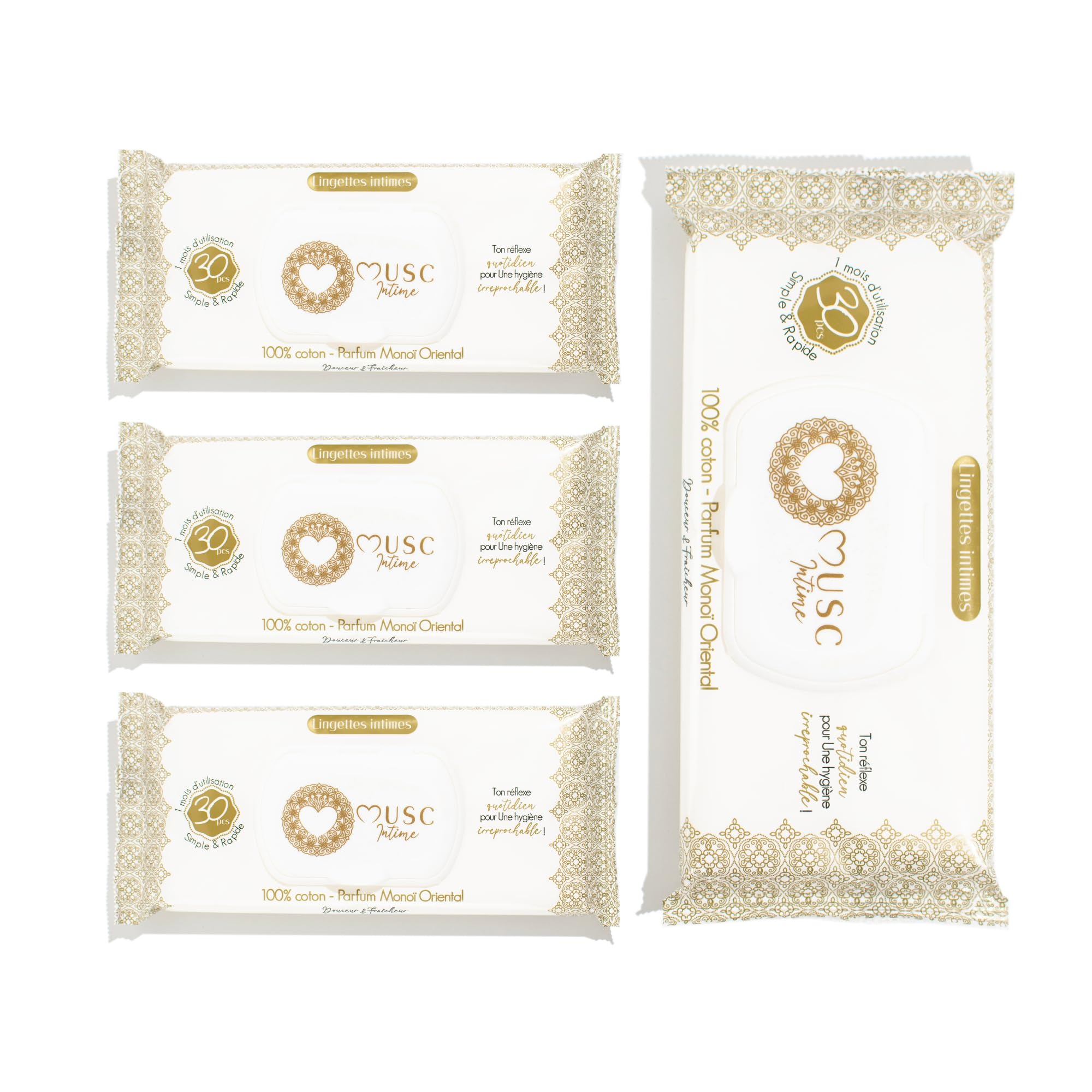 MUSC INTIME La Marque Officielle - Lot de 3+1 offert - Lingettes Intimes - Monoï Oriental - La Rayonnante - Douceur & Fraicheur - 98% Ingrédients Naturels - 4 x 30 unités