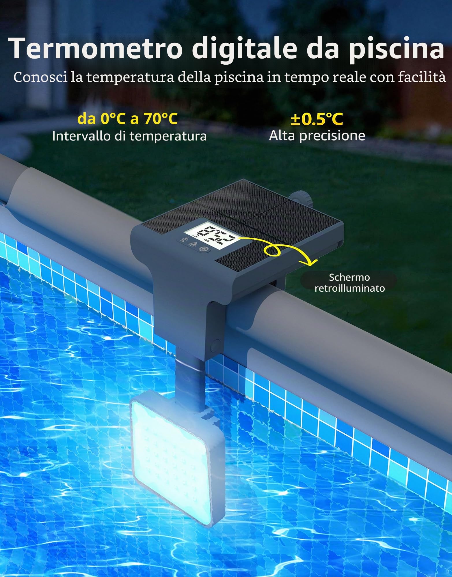 DeeprBlu 2 in 1 Luci Piscina Solari per Piscina Fuori Terra Metallo, Termometro Piscinas Digitale con Display Retroilluminato, Alta Luminosità Luci per Piscinas con Telecomando, Luce LED Sommergibile