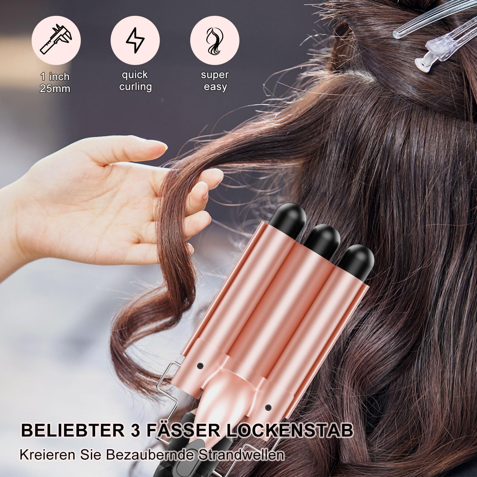 Lockenstäbe Set 5 in 1, MAX-T Lockenstab mit 3 Fässer und Multifunktion Thermal Brush, mit Verschiedenen Aufsätzen 9-38mm, PTC-Schnellheizung Temperaturregelung und Schutzhandschuhen
