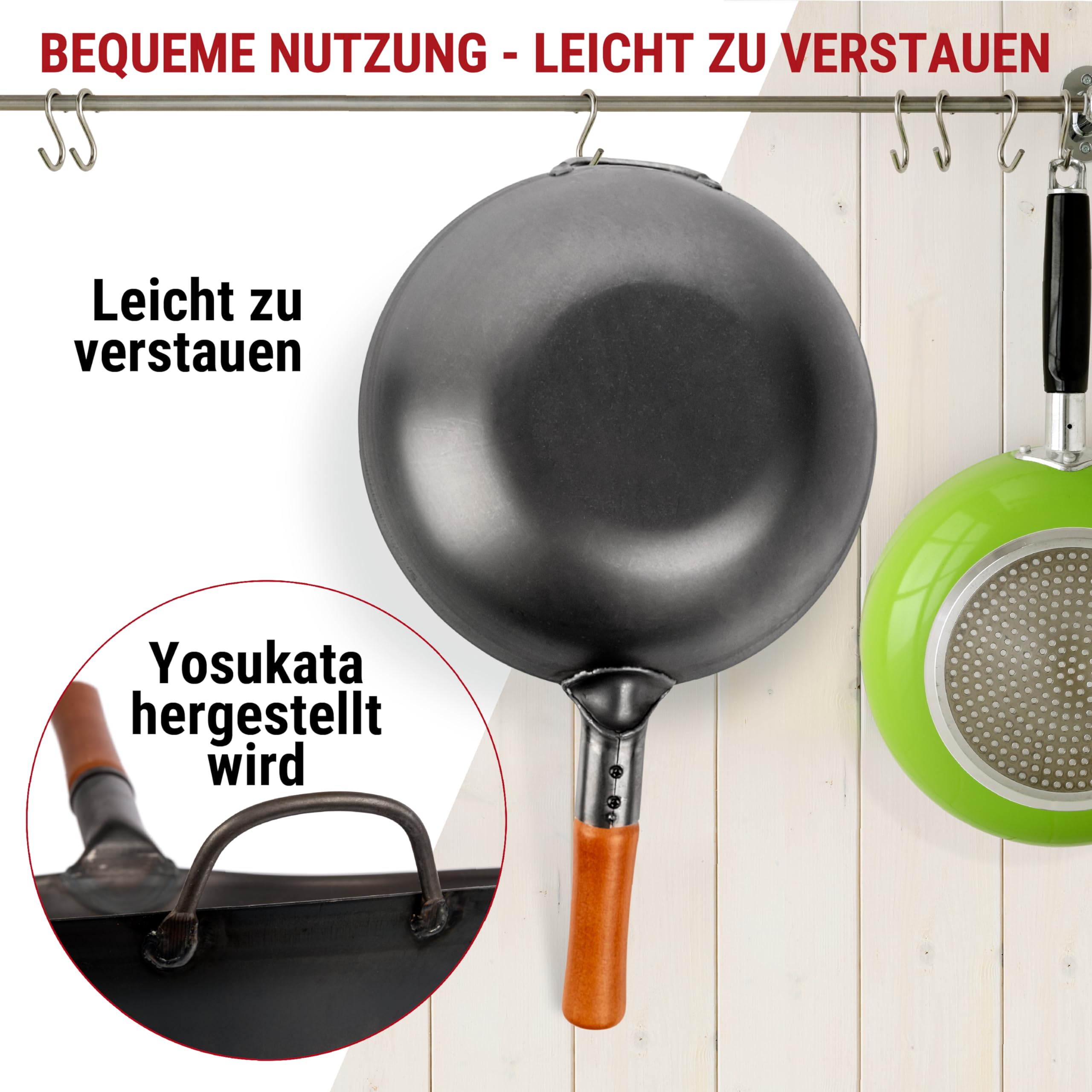 YOSUKATA Flacher Boden Karbonstahl Woks & Wokpfannen 30 cm | Voreingebrannter Wokpfanne - Traditionell Wok für induktionsherd - Kompatibel mit Gas- Elektroherden Grill Induktion Feuer
