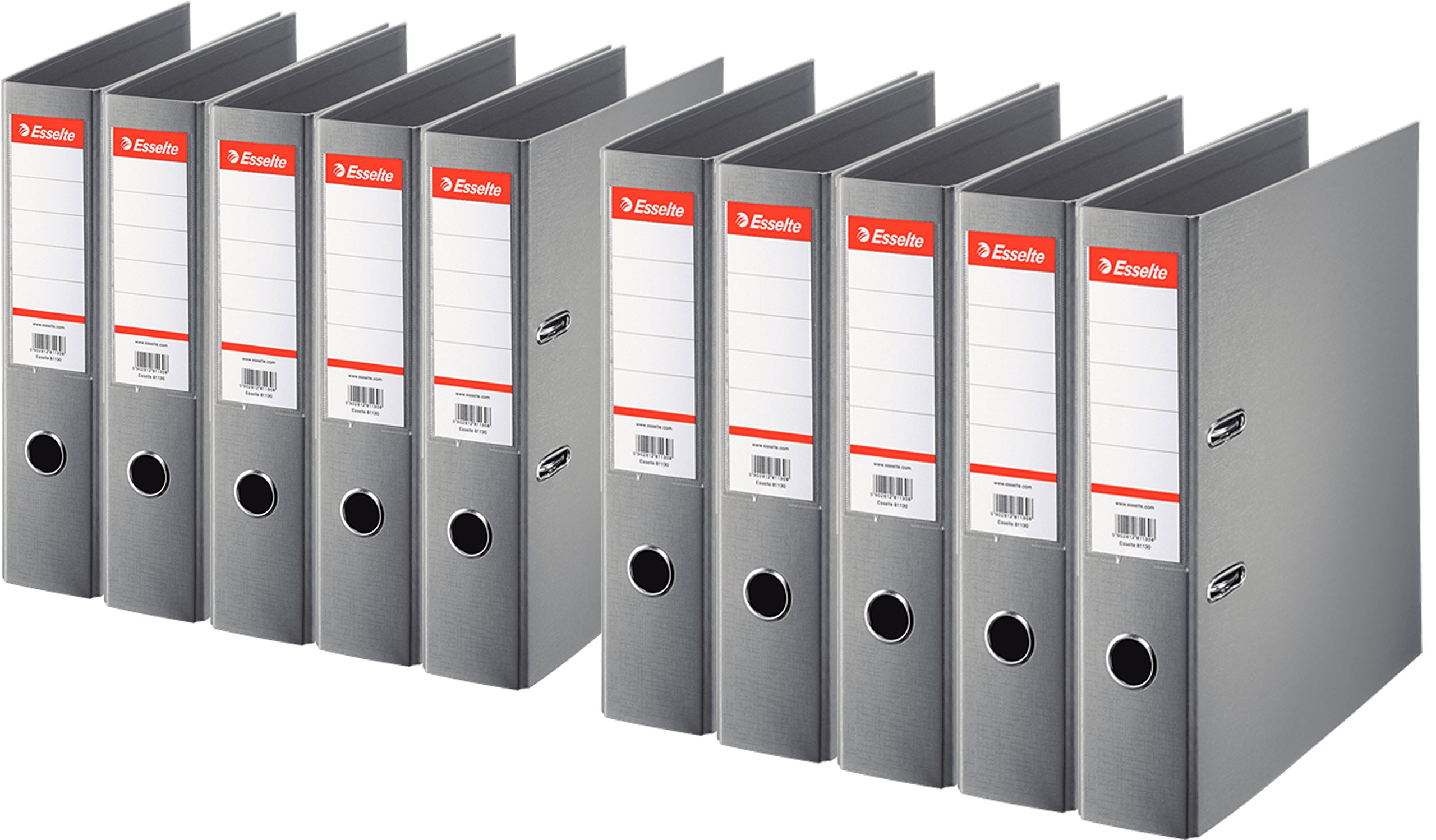 Esselte Plastik-Ordner Standard, DIN A4, 75 mm, auswechselbares Rückenschild (10er Pack, grau)