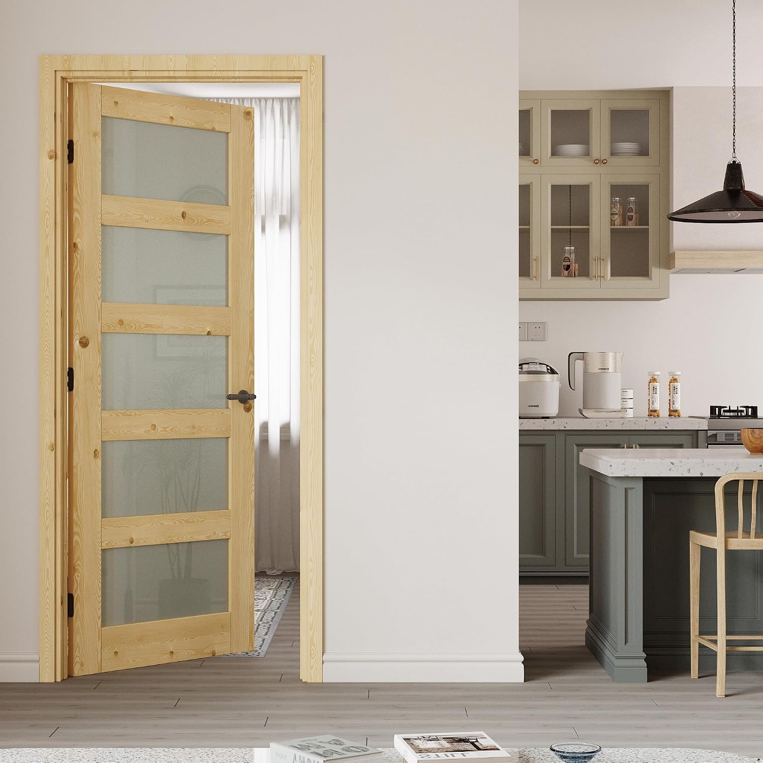 36" x 80" Prehung Door 5-Lite Tempered Frosted Glass Slab Doors with Jamb Kit, Pine Wood Interior Door for Bathroom Pantry Laundry, Home Doors, Easy Assemble - Left Handed