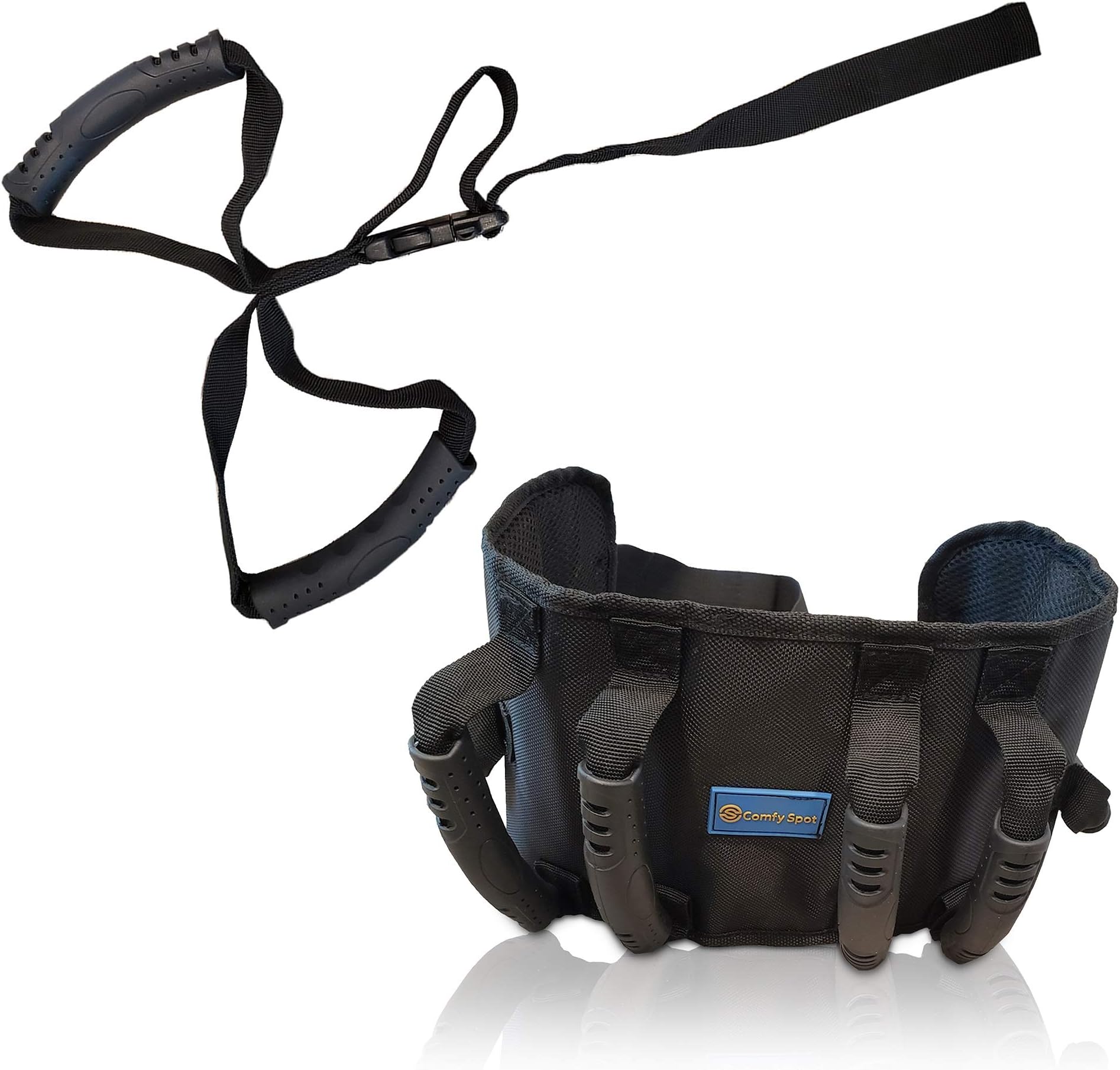 Gait Belt & Car Assist Standing Aid Pull Set Bundle Transfer Belt with Extra Wide Padded Comfort Material 6 Extra Grip Pull Grab Handles & Metal Safety Buckle Automotive Standing Support Dual Handle