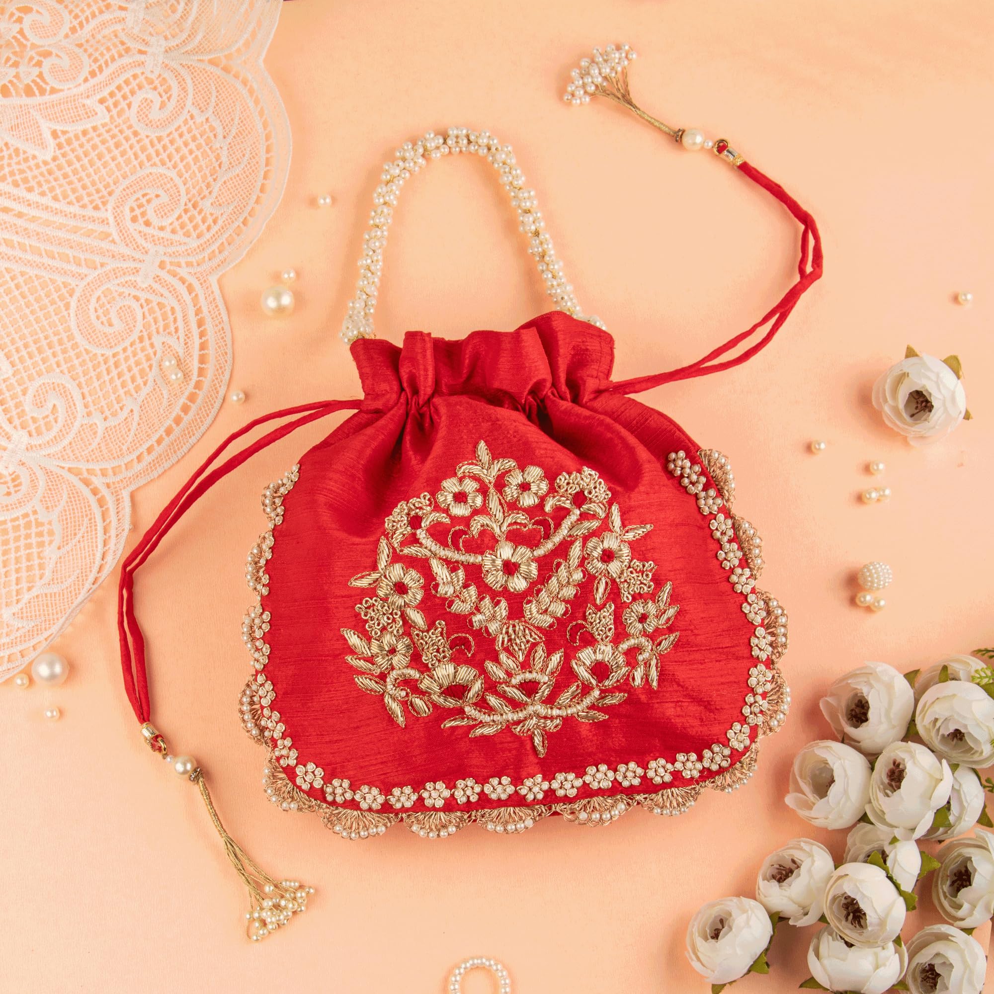 Amayra Luxe Satin Double Buta Handcrafted Potli Bag for Women β Traditional Drawstring Ethnic Purse for Wedding & Festive Occasions (Red) 3