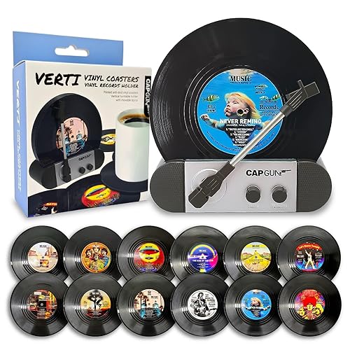 Funny Retro Vinyl Record Coasters, Creative Drink Coasters Set of 12 with Vinyl Record Player Holder for Music Lovers, Housewarming Hostess Gifts, Birthday and White Elephant Gifts Ideas - v1&v2 - 12