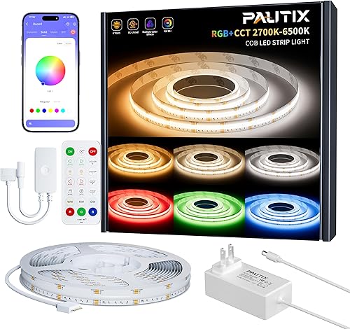 Miniatura 1 de PAUTIX COB Tira de luces LED, 20 pies RGB+CCT 2700K-6500K luces LED blancas, tira de luz LED RGB regulable que cambia de color, con control