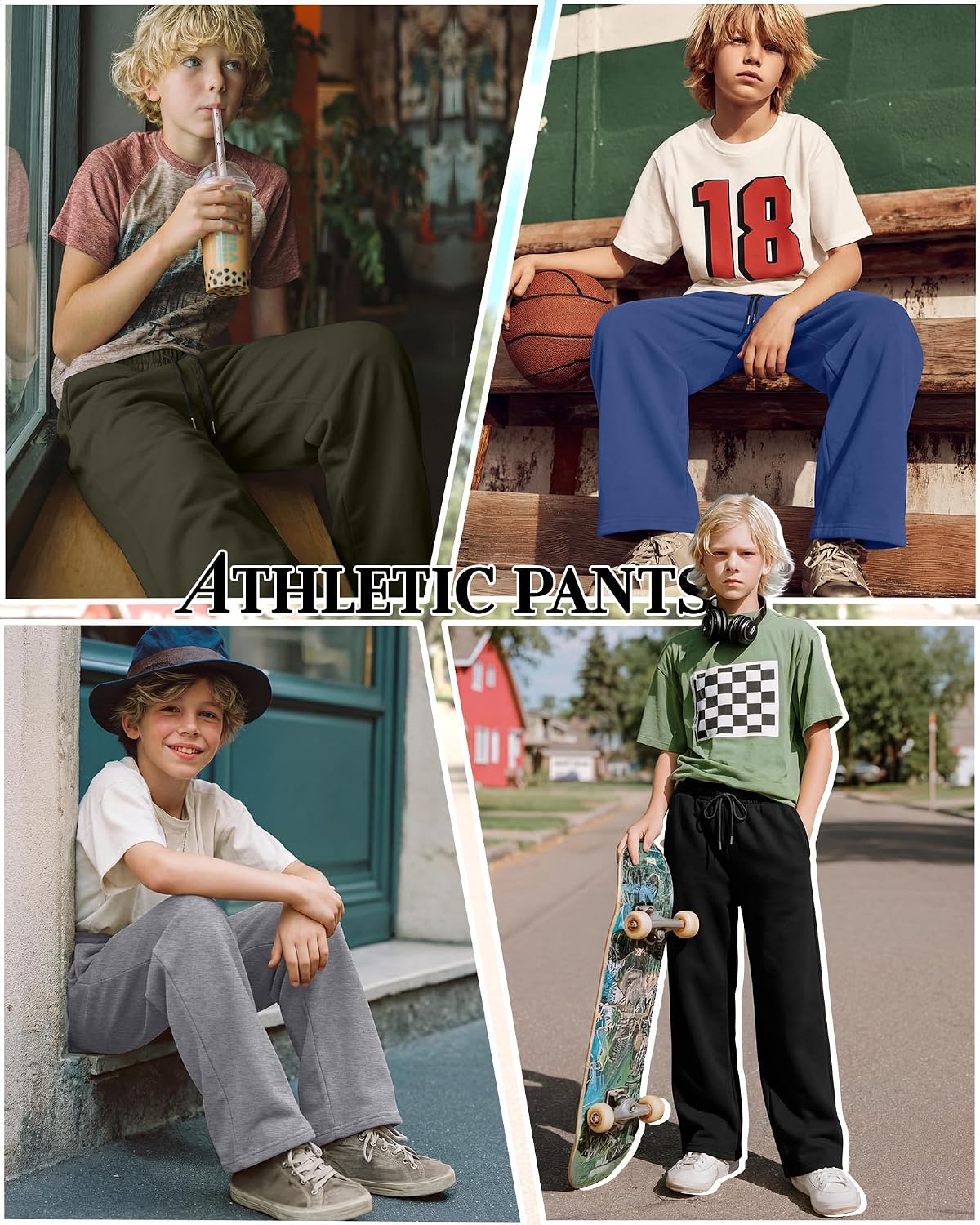 4 Pack Boys Baggy Sweatpants Kids Lightweight Pants Youth Elastic Waist Drawstring Open Bottom Joggers with Pockets