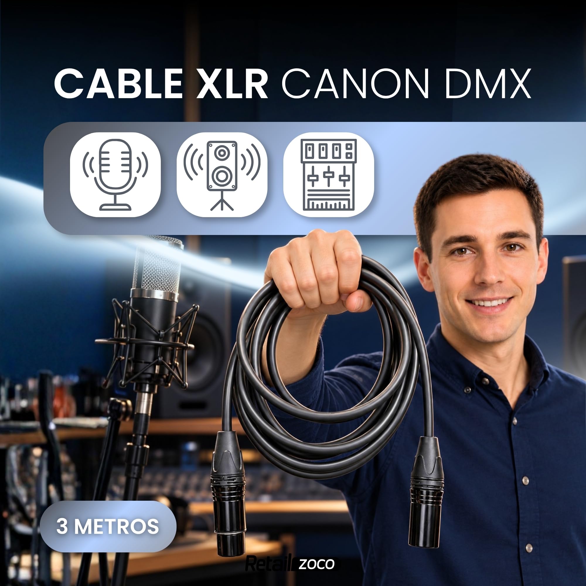 Cable XLR Canon DMX Balanceado Macho a Hembra 3 Metros - imagen 2