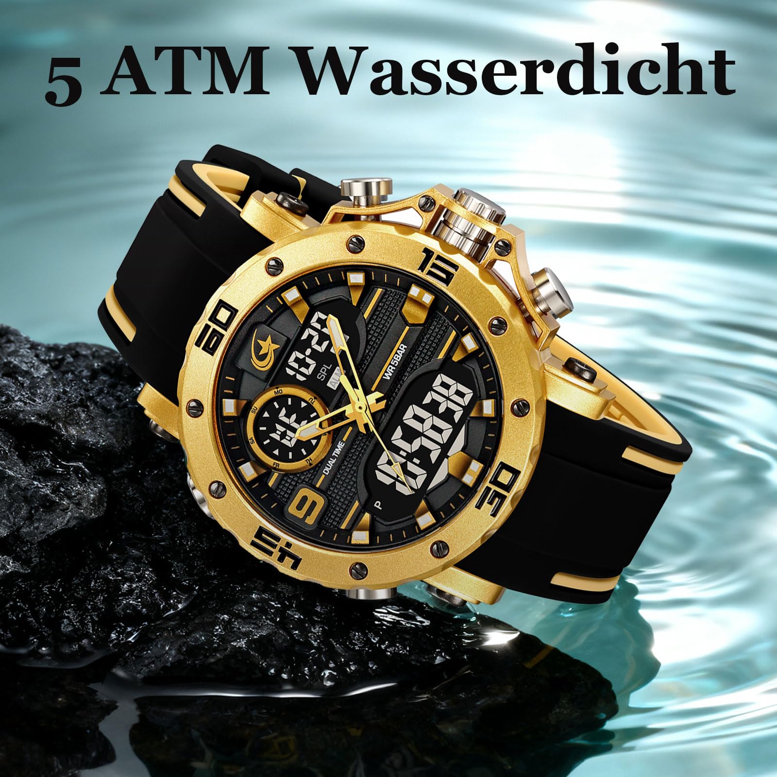 findtime Reloj de hombre militar digital analógico deportivo para exteriores, doble hora, resistente al agua, iluminación LED, esfera grande, reloj con alarma, fecha, 12/24 h, cronómetro, cronómetro
