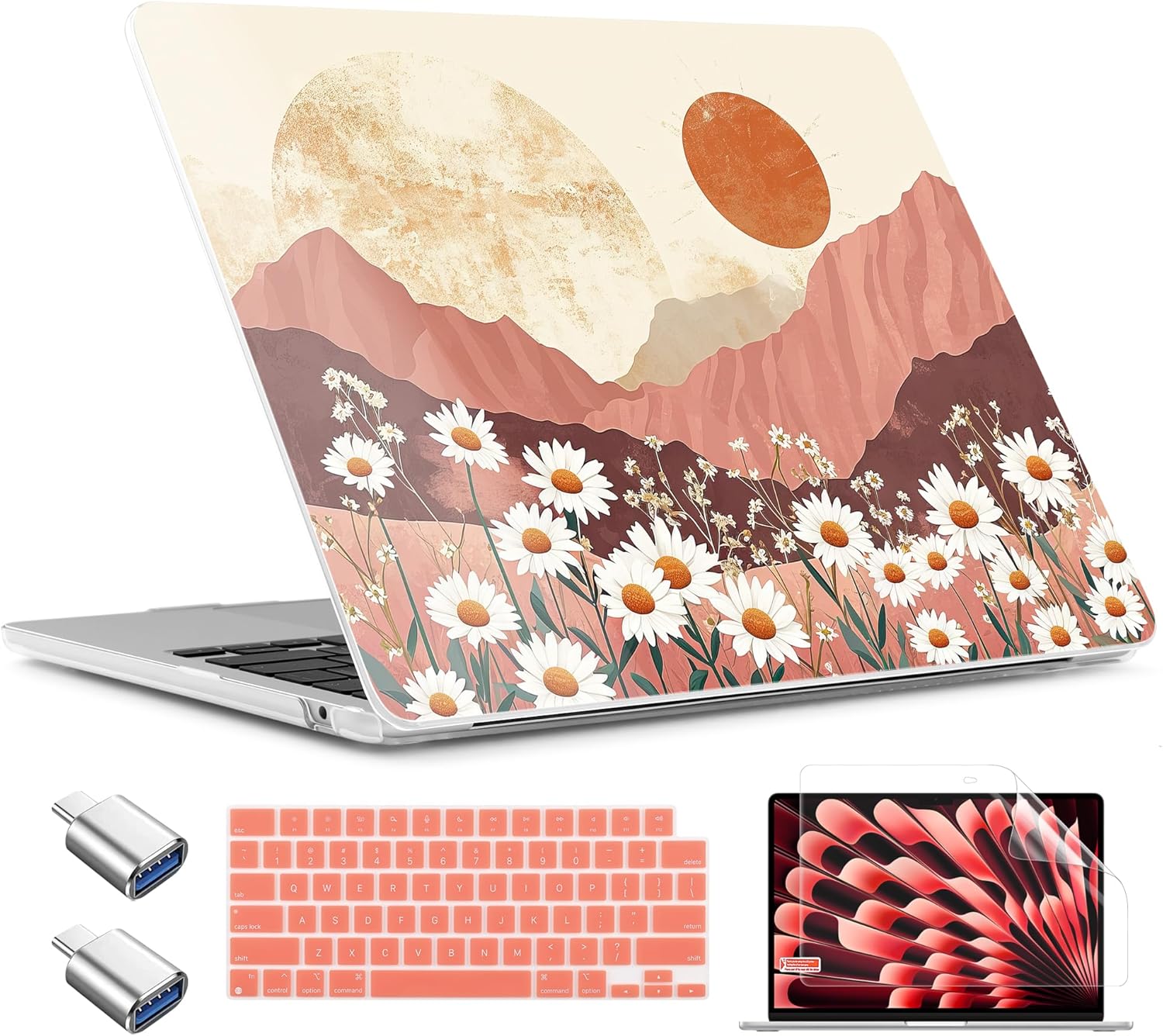TWOLSKOO for MacBook Air 15 inch Case 2025 2024 2023 Release M4 A3241 M3 A3114 M2 A2941, Plastic Hard Shell & Screen Protector & Keyboard Cover & Type C Adapter, Mountains & Daisies