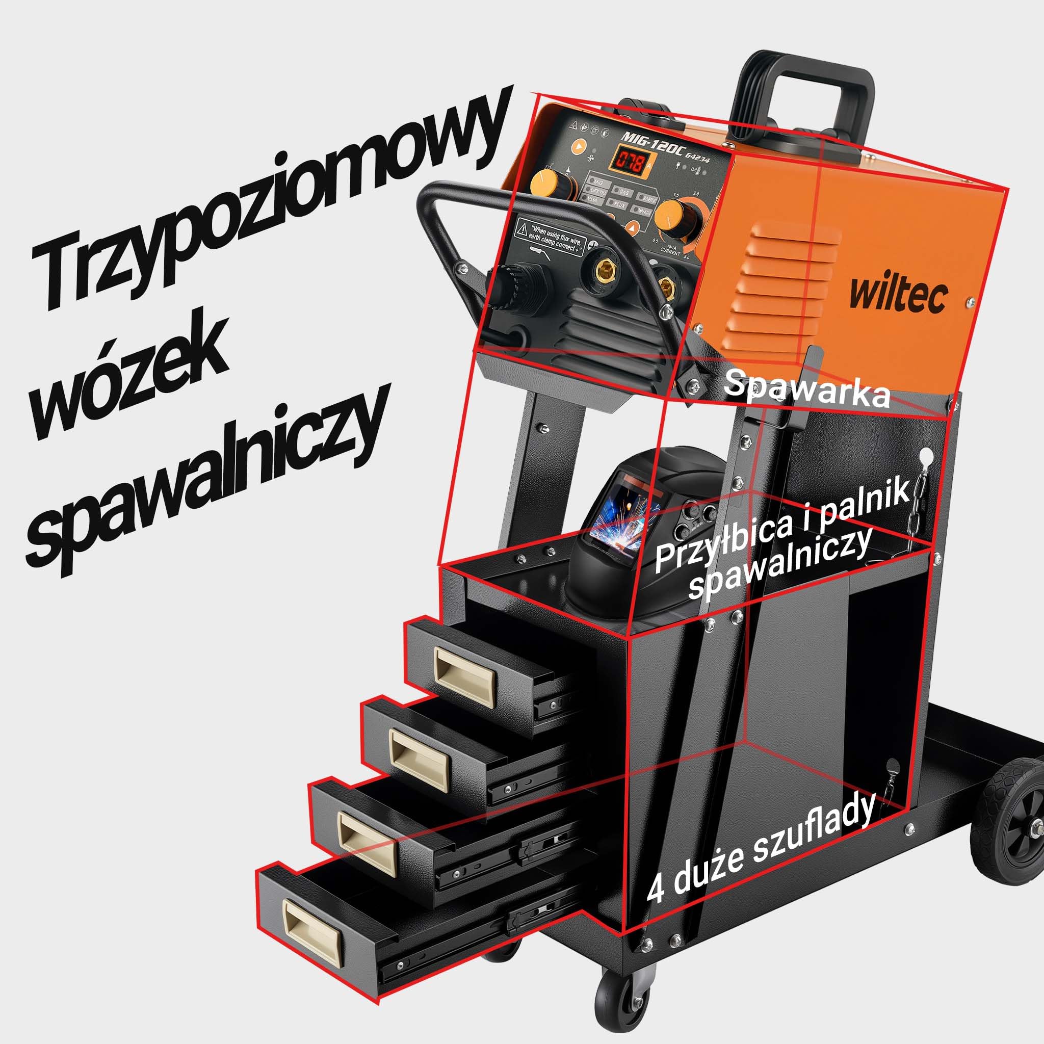Wiltec Wózek spawalniczy na spawarkę i butlę gazową z 4 szufladami, nośność do 100 kg, ze stali, wytrzymały mobilny na akcesoria spawalnicze