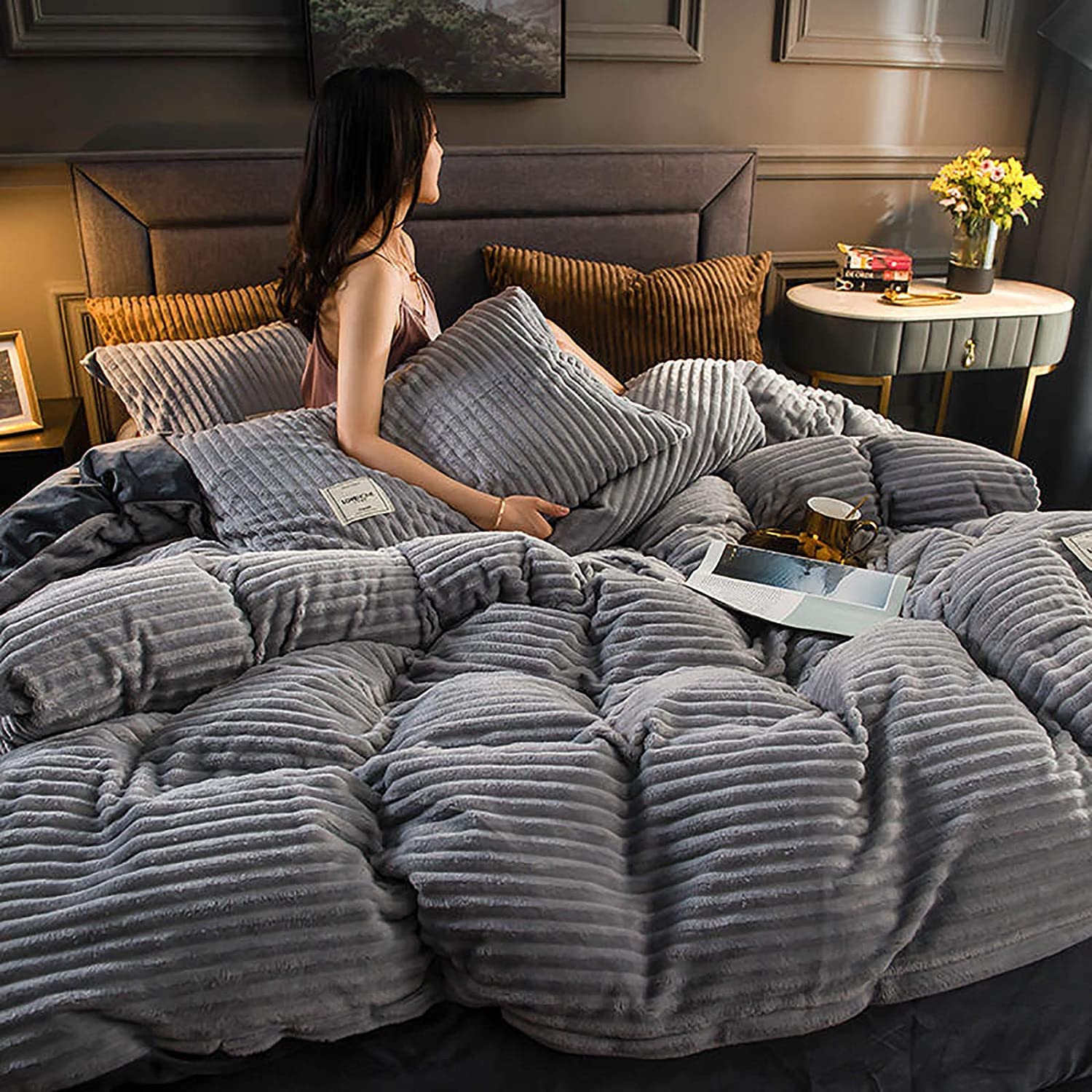 MGEMJMJ Thicken Solid Colors Flannel Duvet Cover,Comforter Cover,Soft Warm Reversible Quilt Cover With Pillow Shams Luxury Velvet Bed Blanket(Size:220x240cm(87x94inch),Color:Gray)