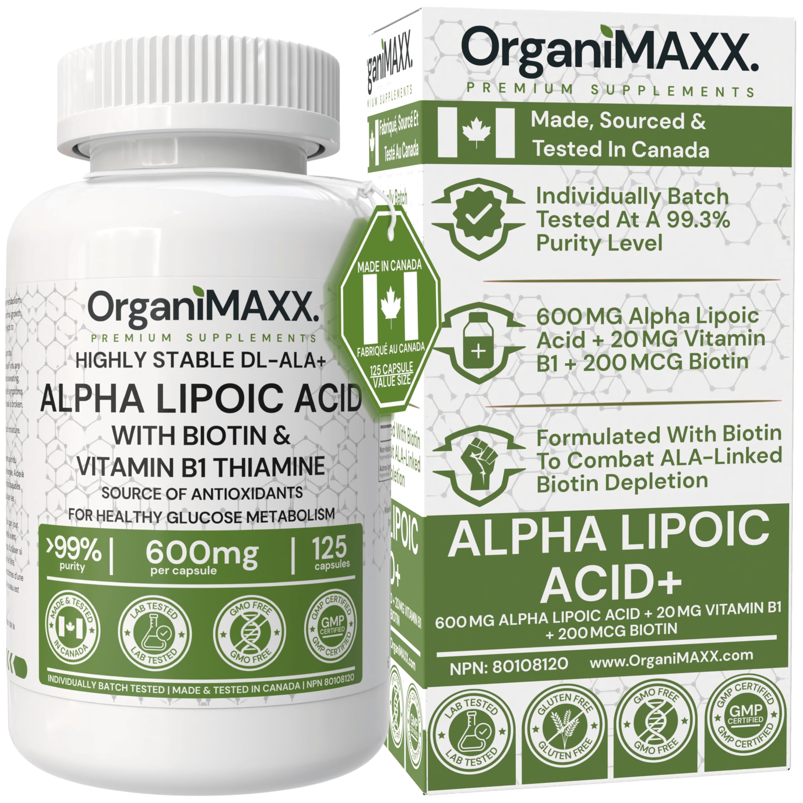Alpha Lipoic Acid (ALA) OrganiMAXX 600mg Max Strength 125 Capsules Alpha GPC With Vitamin B1 Thiamine & Biotin. Non-GMO Vegan Friendly, Free of Gluten, Soy & Dairy. Premium Alpha Lipoic Acid Supplement For Blood Sugar Control, Antioxidant, Liver Support, Cardiovascular, Nerve Damage Repair & Metabolic Support