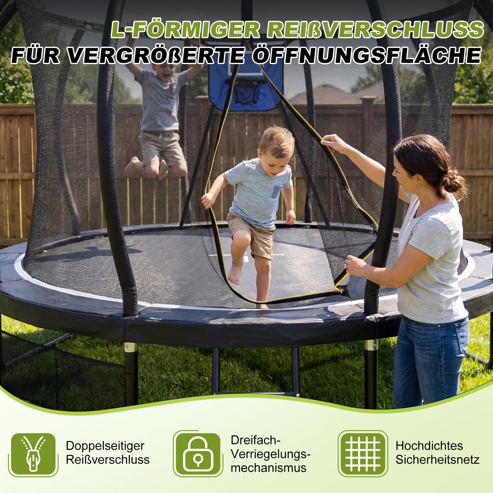 Devoko Outdoor Trampolin mit Basketballkorb & Sicherheitsnetz - 150 kg Maximalgewicht - Ø 228/305/366/427 cm - Robuster Garten-Trampolinspaß für Kinder und Erwachsene