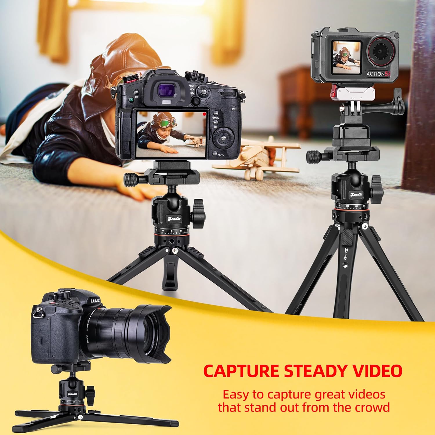Zeadio 3-in-1 Heavy Duty Metal Tripod with Arca Ball Head Mount, Phone Holder & Action Cam Adapter, Universal Phone Vlogging Tripod Kit for Cell Phone, Camera, Gimbal, Action Cam, Travel Vlogging etc