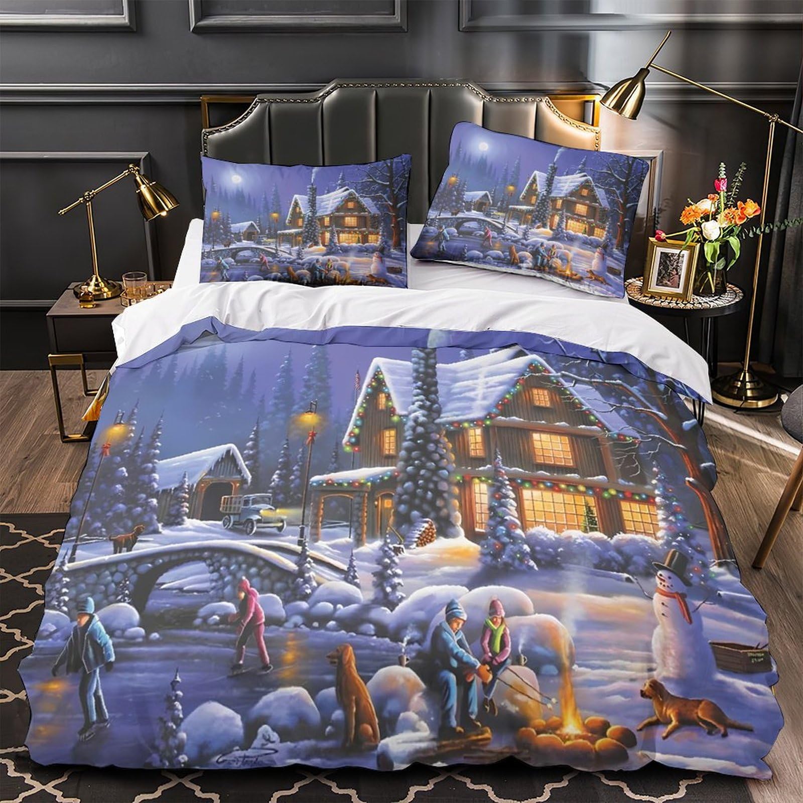 MMDASBVPE Winter Village Scene Comforter Cover 3D Print Hotel Quality 3 Pieces Bedding Set Zipper Duvet Cover Ultra Soft Washable for Adults Kids Girls Boys Women Teens Youth Single（135x200cm）
