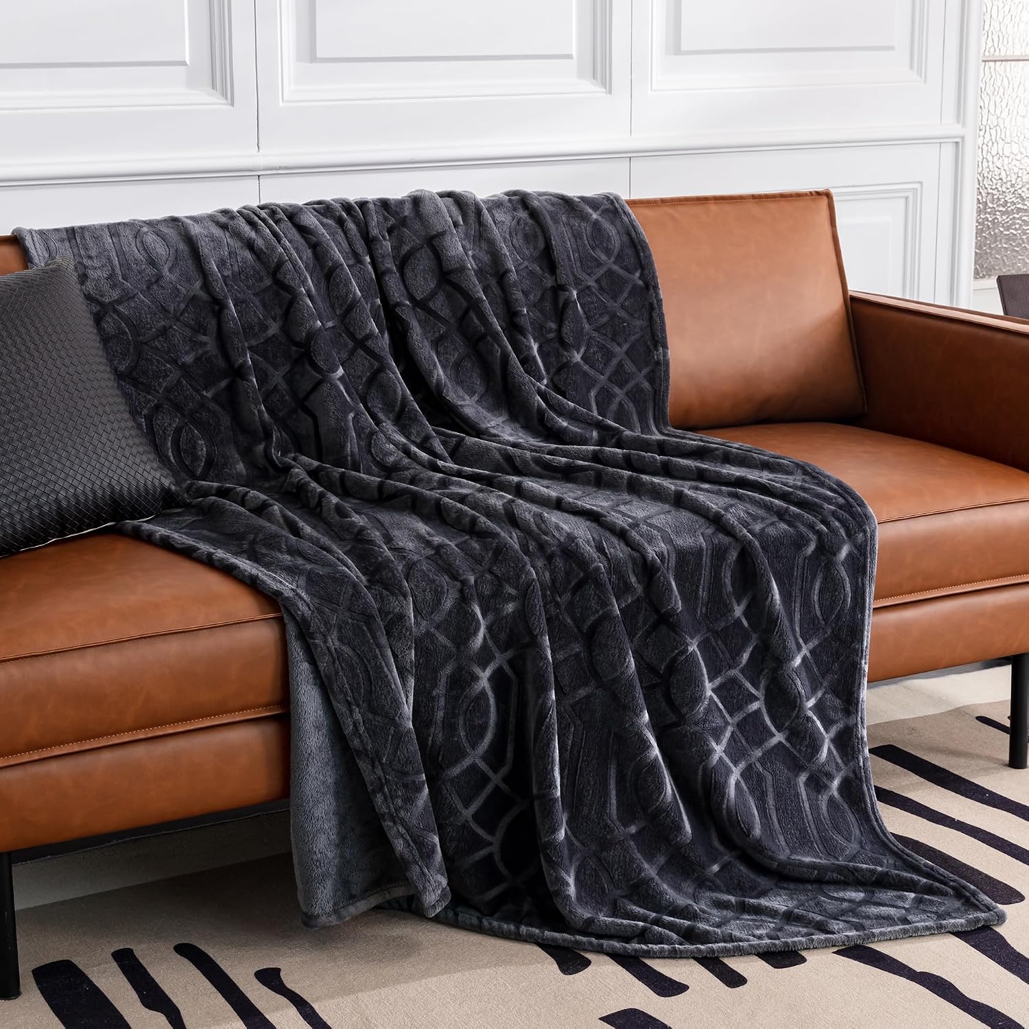 Soft Cozy Fleece Queen Size Blanket, 90x90 Inches – Lightweight Plush Blanket for Bed, Fuzzy 3D Jacquard Design - Dark Grey