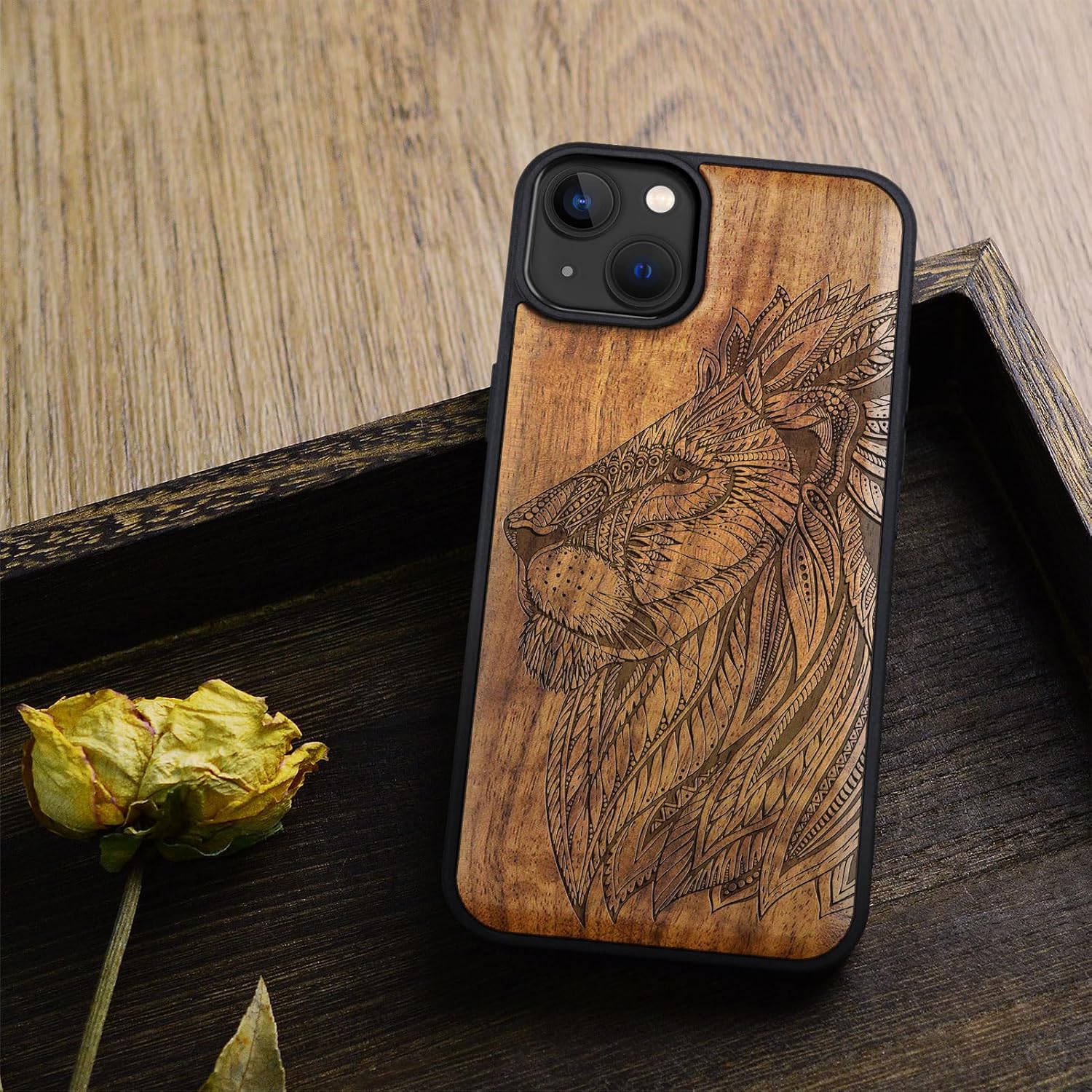 Carveit Magnetic Wooden Case for iPhone 15 Plus Case, Compatible with MagSafe Wireless Chargers, Black Soft TPU Shockproof Cover & Wood Artisan Engraved (Ornate Lion's Head) - Walnut