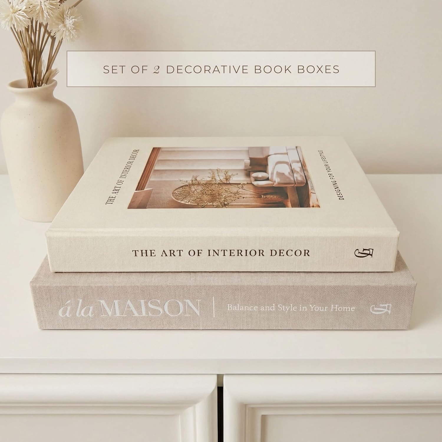 Decorative Fake Books for Home Decor – Set of 2 Linen Faux Book Storage Boxes with Hidden Storage to Reduce Visible Clutter, Coffee Table & Bookshelf Decor for Living Room Styling