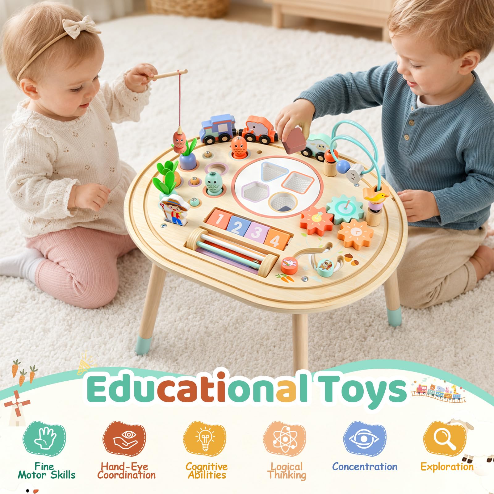 Giocattolo Montessori 10 in 1 - Tavolo attività in legno a partire da 1 anno | Montessori - Tavolo da gioco per abilità motorie, giocattolo educativo per bambini dai 18 mesi in su