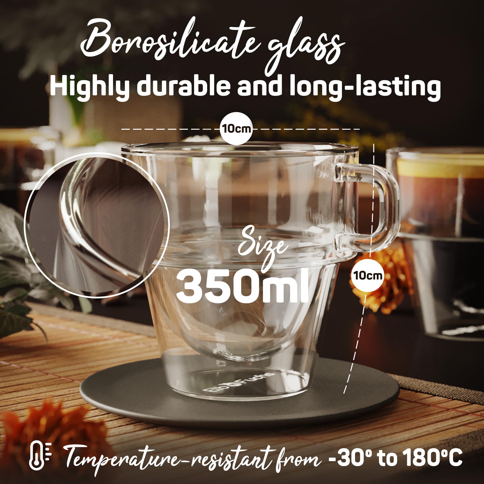 ElbFuchs® Zestaw szklanek do latte macchiato z podwójnymi ściankami [4x 350 ml] MOŻLIWOŚĆ SZTAPLOWANIA | szklanki termiczne | idealne do cappuccino, kawy i herbaty