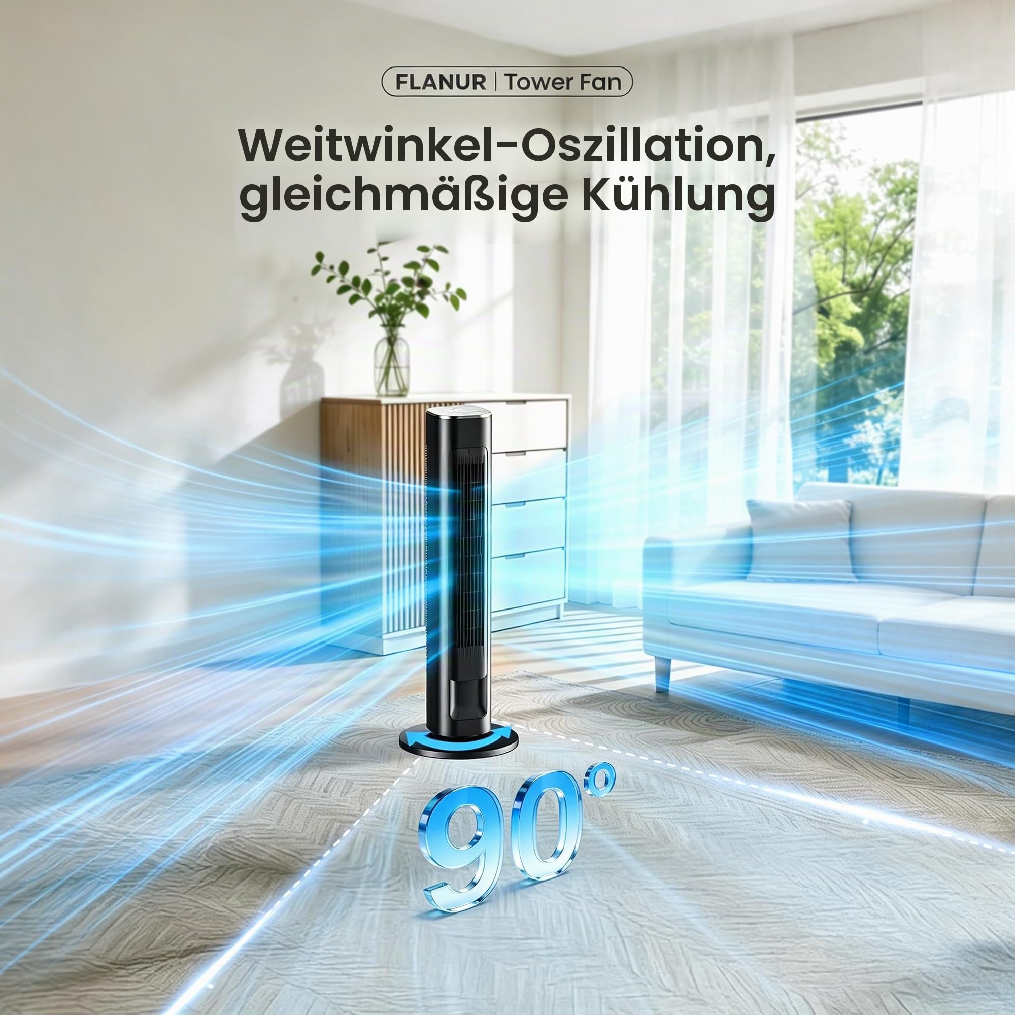 FLANUR Turmventilator, 23dB Ventilator Leise mit Kühlung,89cm WiFi Alexa Tower Fan mit Fernbedienung, 90° oszillierender Standventilator, 4 Geschwindigkeiten 12Std Timer, Schwarz, 1 Pack + 4 Modi