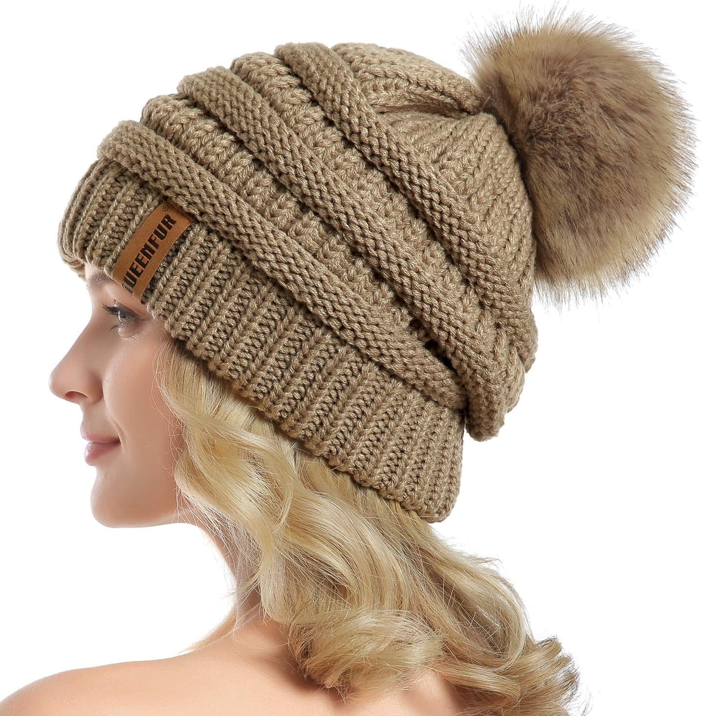 Women Knit Slouchy Beanie Chunky Baggy Hat with Faux Fur Pompom Winter Soft Warm Ski Cap