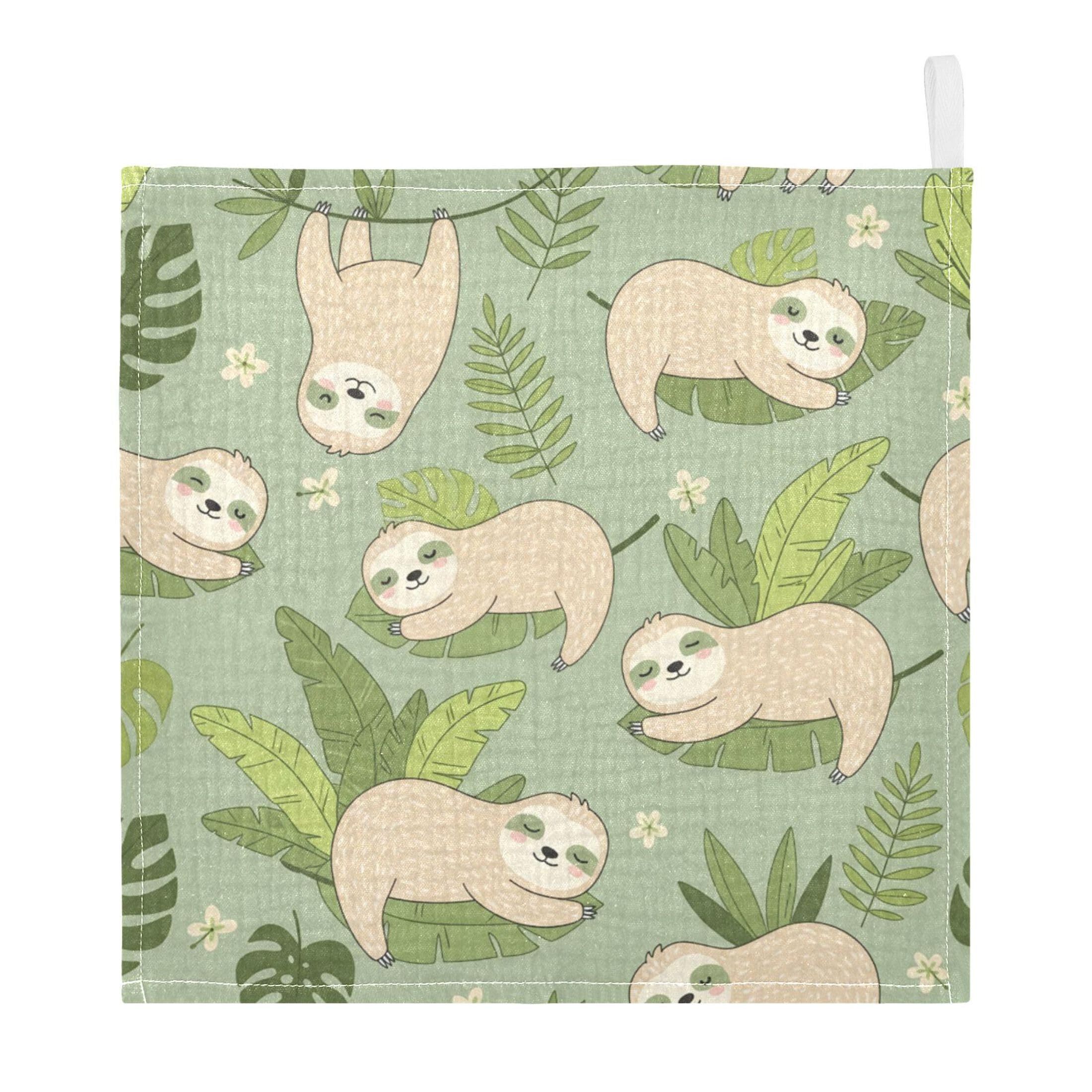 Fuauuyl Sloth Baby Muslin Washcloths Cotton Absorbent Soft Burp Cloths for Newborns Infants Toddlers, Reusable Face Towels for Sensitive Skin, 5 Pack, 12x12 in
