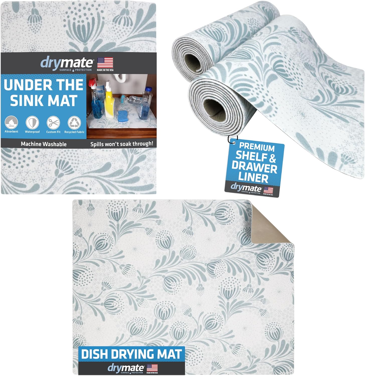 Drymate Shelf & Drawer Liners Size 12"x59" 2-Pack, XL Under Sink Mat Size 24"x59", and Dish Drying Mat Size 19"x24", Matching Light Blue Color, Made from Recycled Content & USA Made, 3 Item Bundle