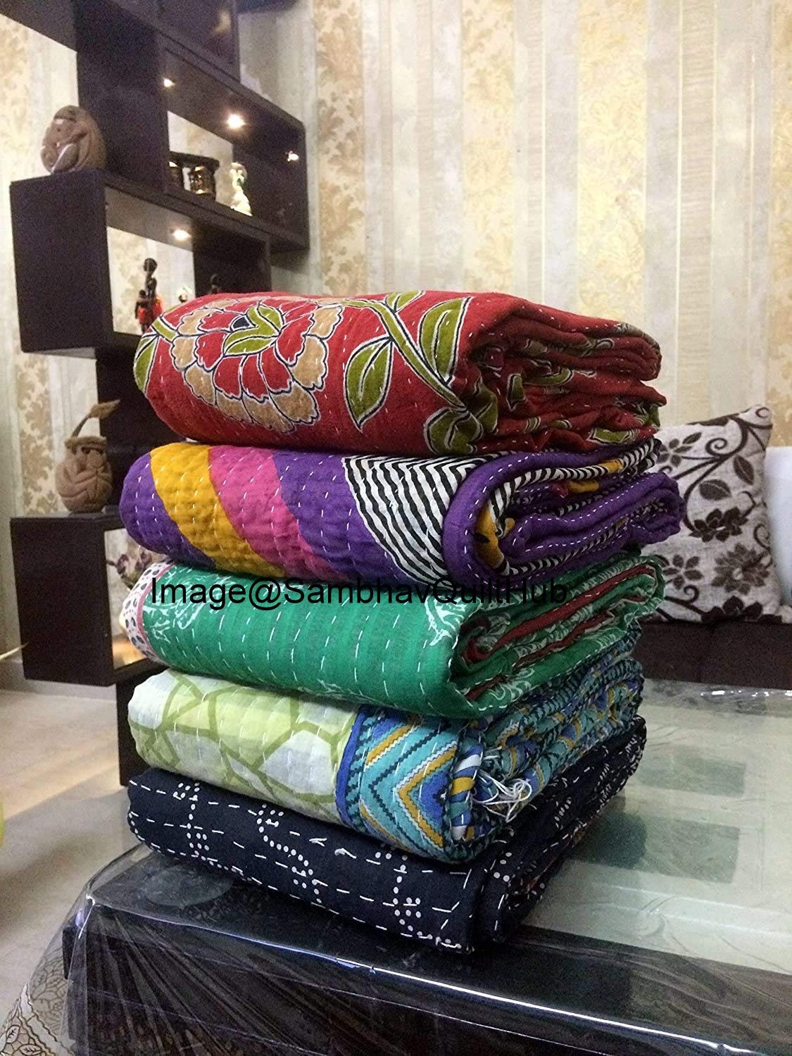 Sophia-Art King/Twin Size Indiano Fatto a Mano Paisley Stampa Trapunta Kantha Cotone Kantha Coperta copriletto copridivano copriletto Kantha copriletto Bohemien (Blue1, King 90 * 108 Inches