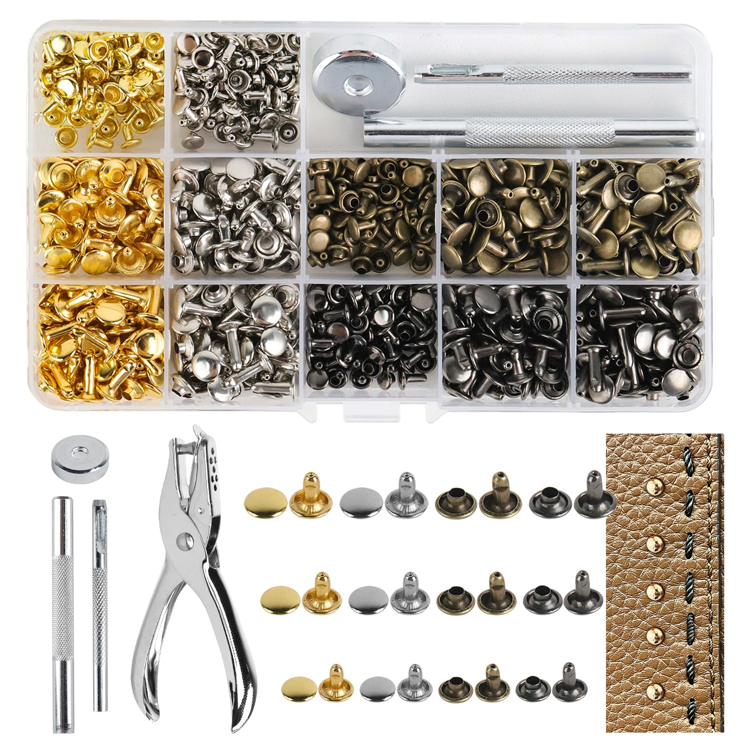 Runyu Set Di 360 Rivetti In Pelle, 4 Colori, Rivetti Cavi, 3 Misure, Borchie In Pelle, Senza Cuciture, Bottoni A Pressione In Metallo, Con Attrezzi Di Fissaggio, Rivet Per Portafoglio In Pelle - Foto 12