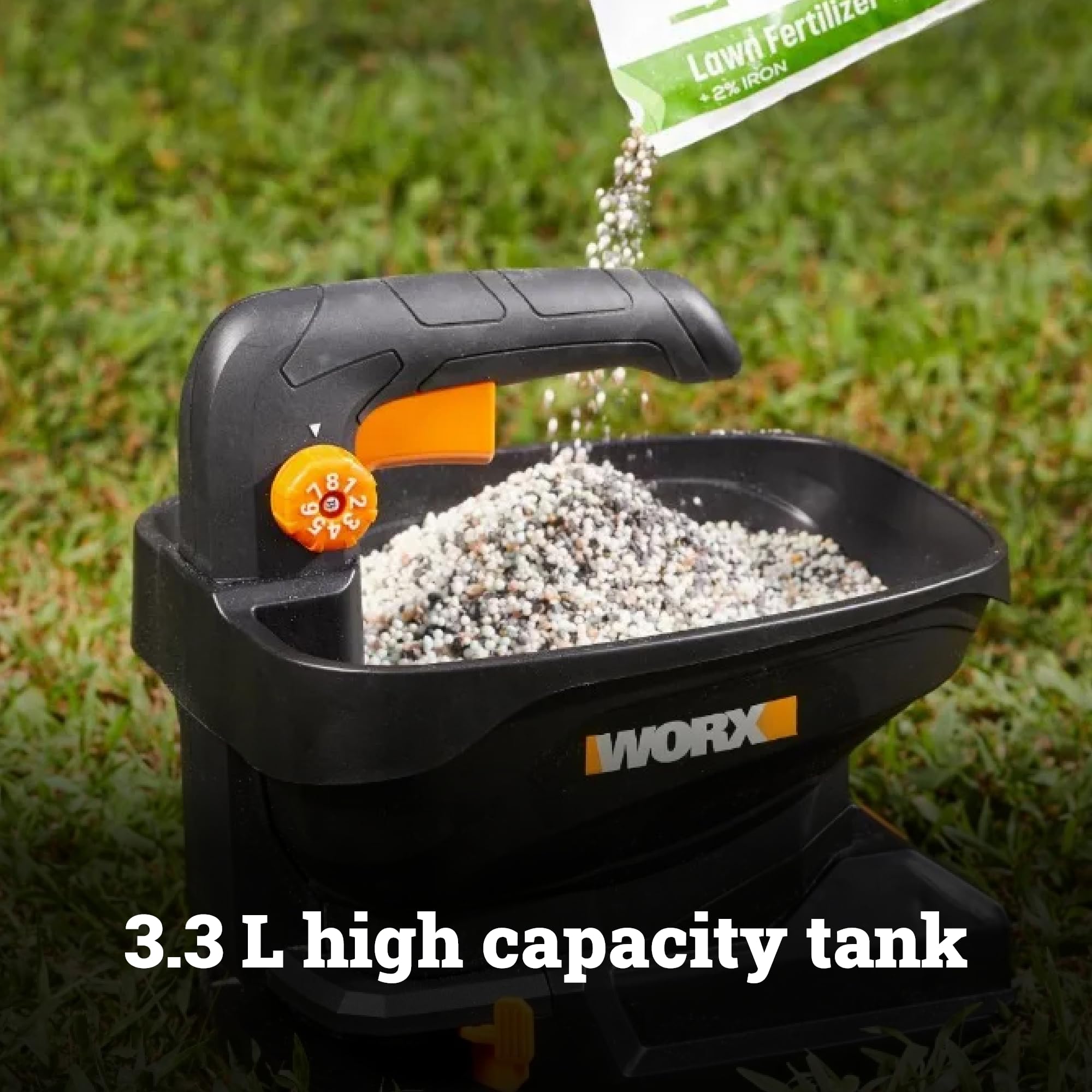 Worx Esparcidor de Semillas y Fertilizantes de 20 V WG869E.9, 5 m de Ancho, tolva de 3,3 l, Cubre 550 m² por Carga, 9 ajustes de Flujo, Control de Bordes, Ligero, PowerShare, Solo Herramienta