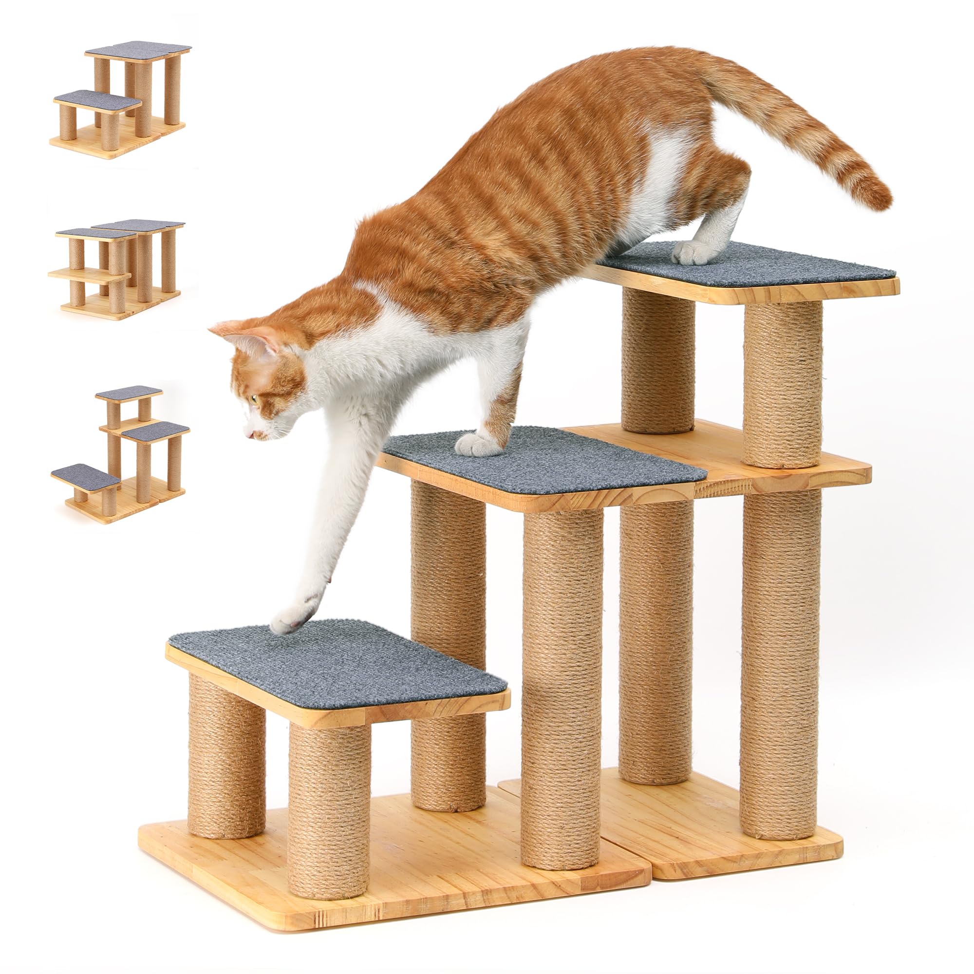 FUKUMARU Escalier pour Chien en Bois Massif avec Poteau à Griffes, Capacité 90 kg, Marches 50 cm, Gris