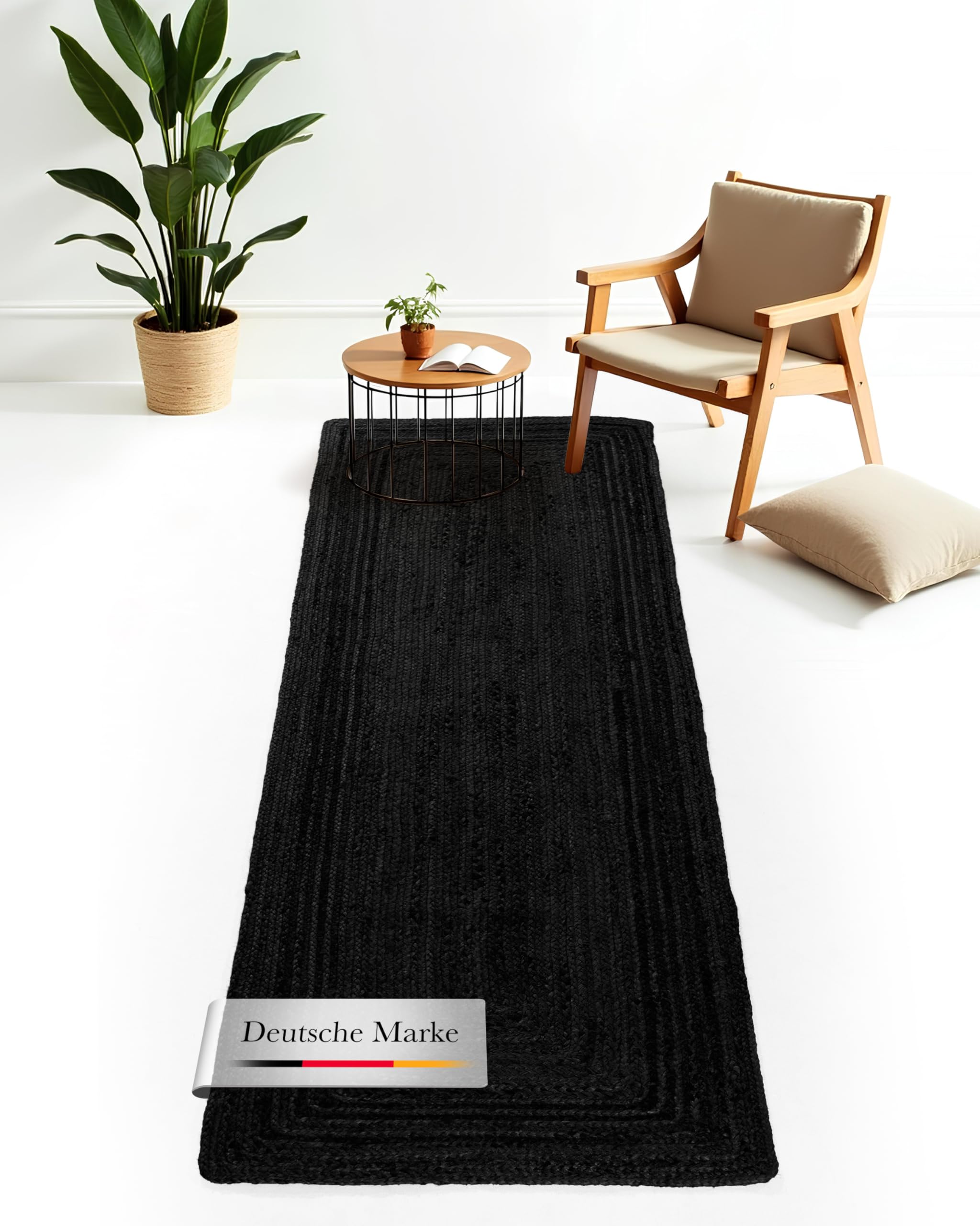 carpetfine Juteteppich Nele Läufer Brücke Anthrazit handgewebt aus Jute 70x240 cm | Moderner Naturfaserteppich im Boho Style für Küche, Flur und Brücke