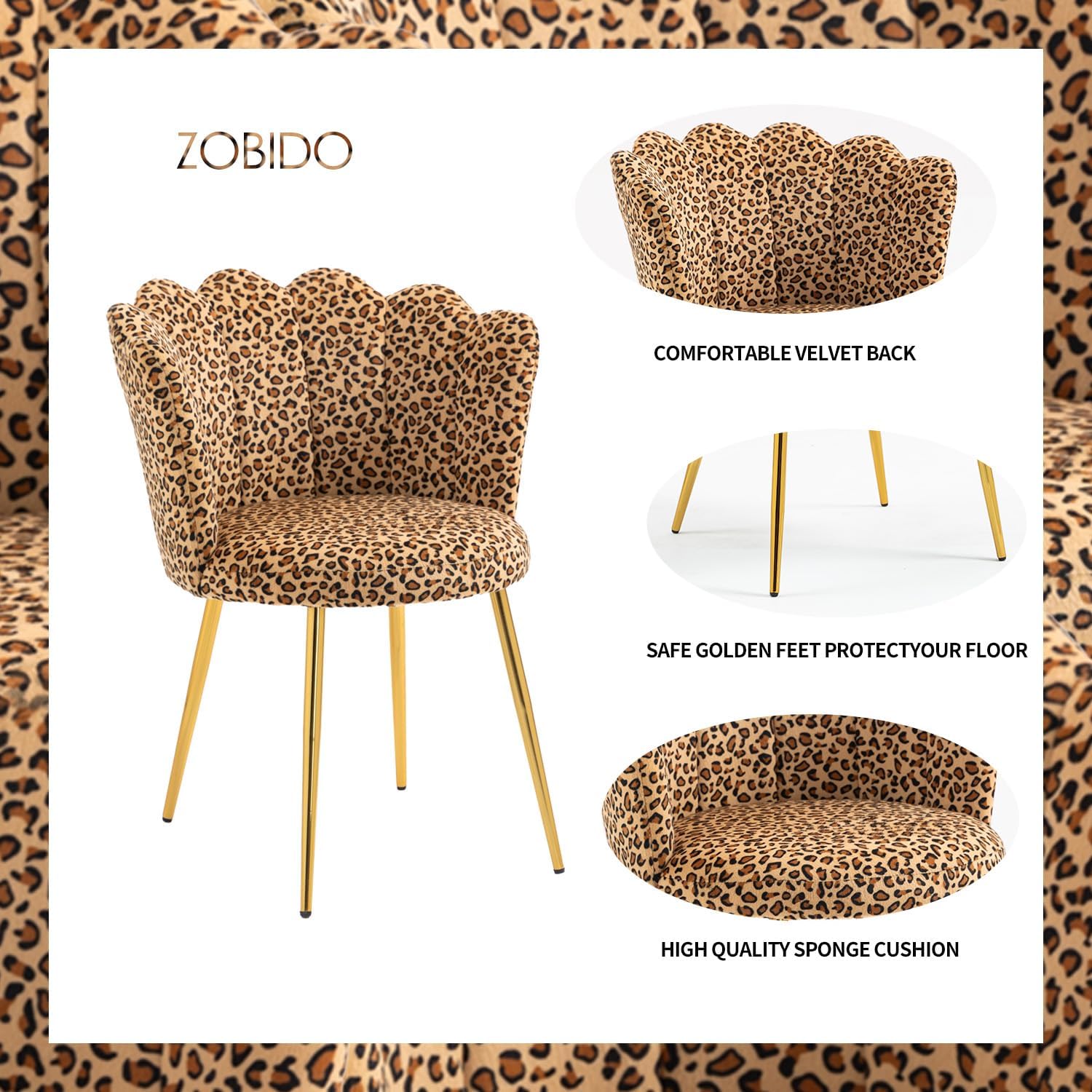 ZOBIDO Modern Velvet Chairs Comfy Upholstered Vanity Chairs for Bedroom Armchair Dining Chairs with Golden Metal Legs Petal Shape Back Vanity Desk Chair, for Women, Kids, Girls(Leopard Stripe)
